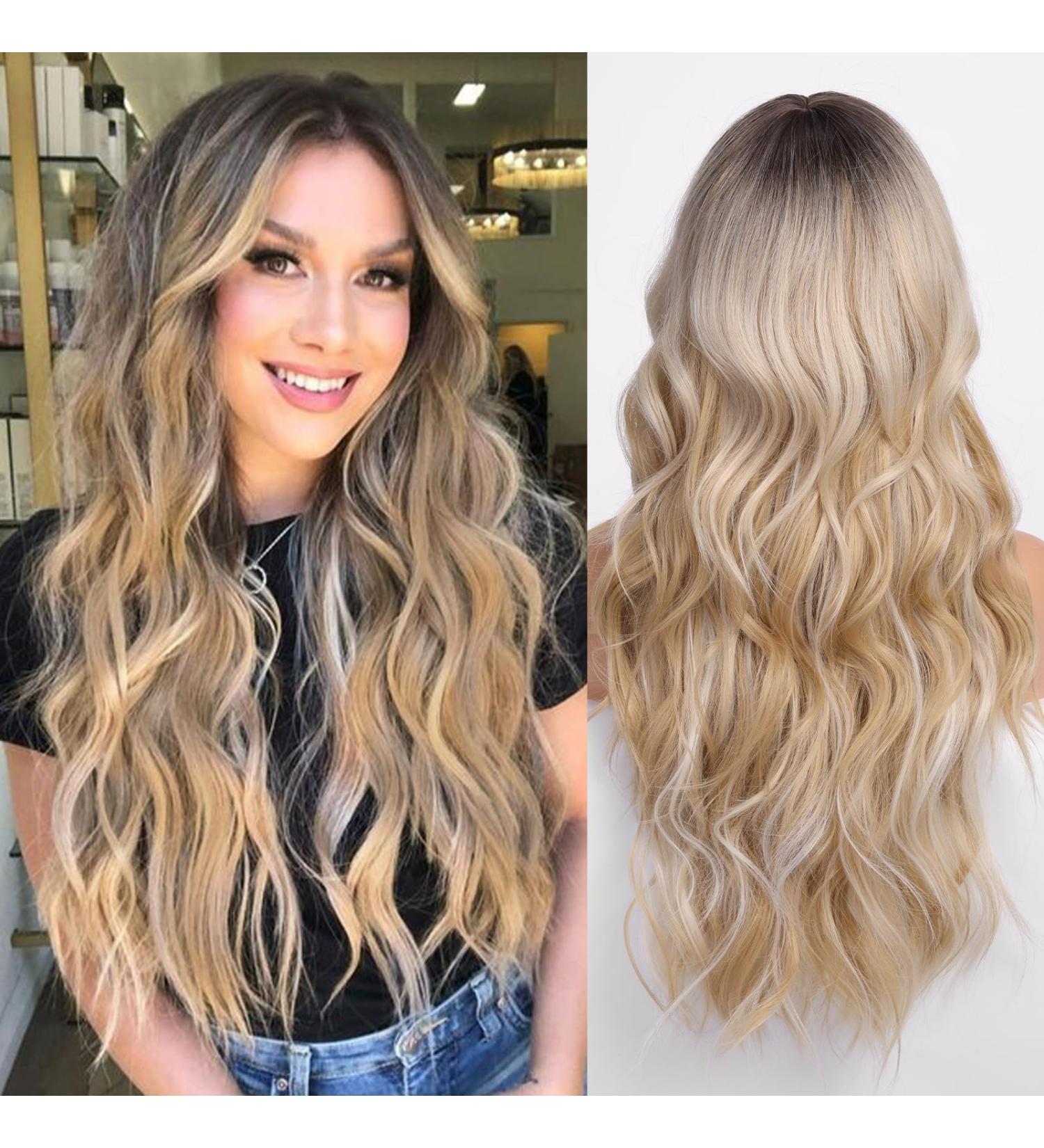 Wokestar Long Platinum Honey Blonde Synthetic Hair Wig with Curtain Fringe for Women - Buy Online on GoSupps.com