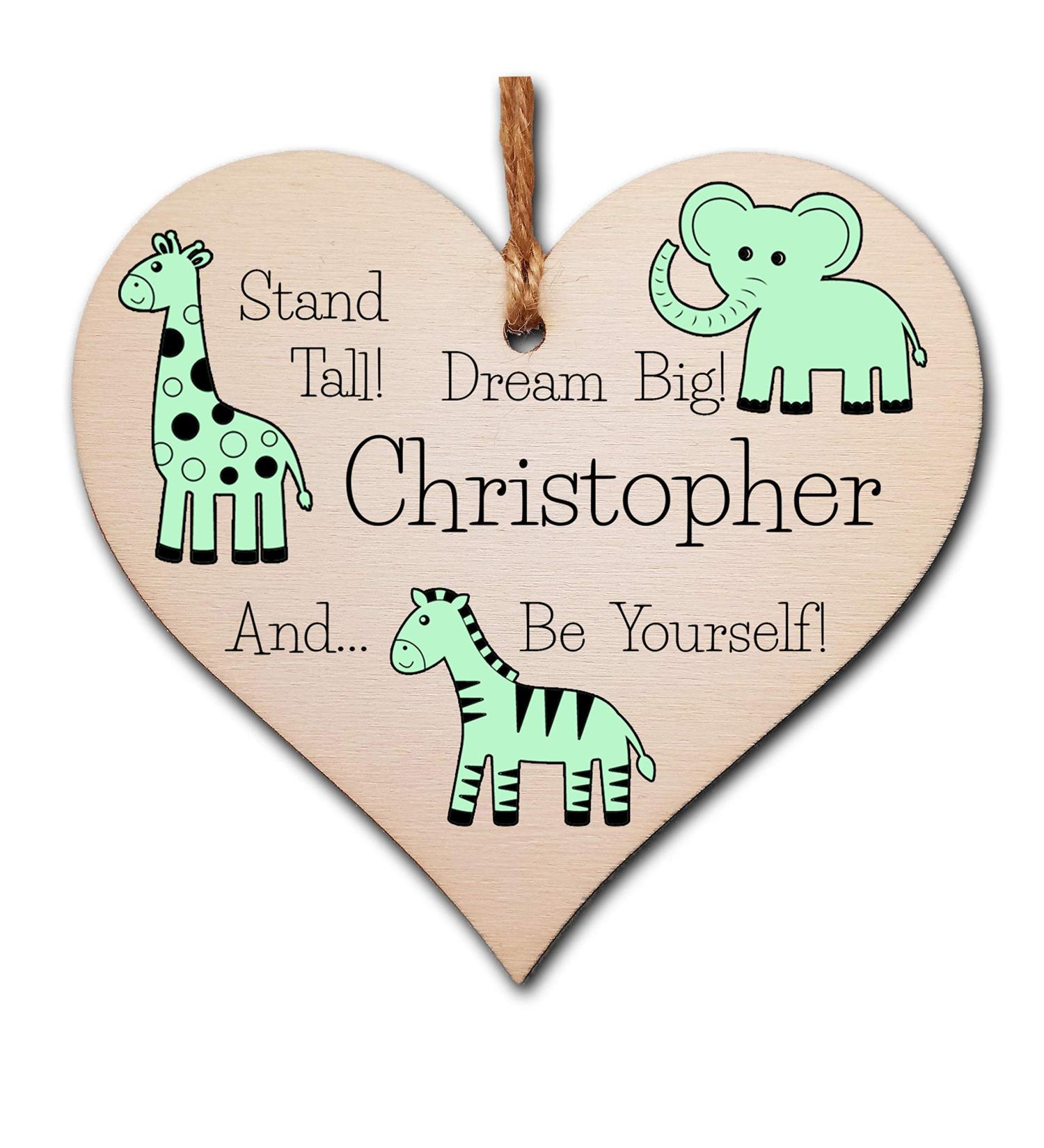 Personalised Wooden Hanging Heart Plaque - Be Brave Dream Big Be Yourself | Green Safari Animals Nursery Decor - Buy Online on GoSupps.com