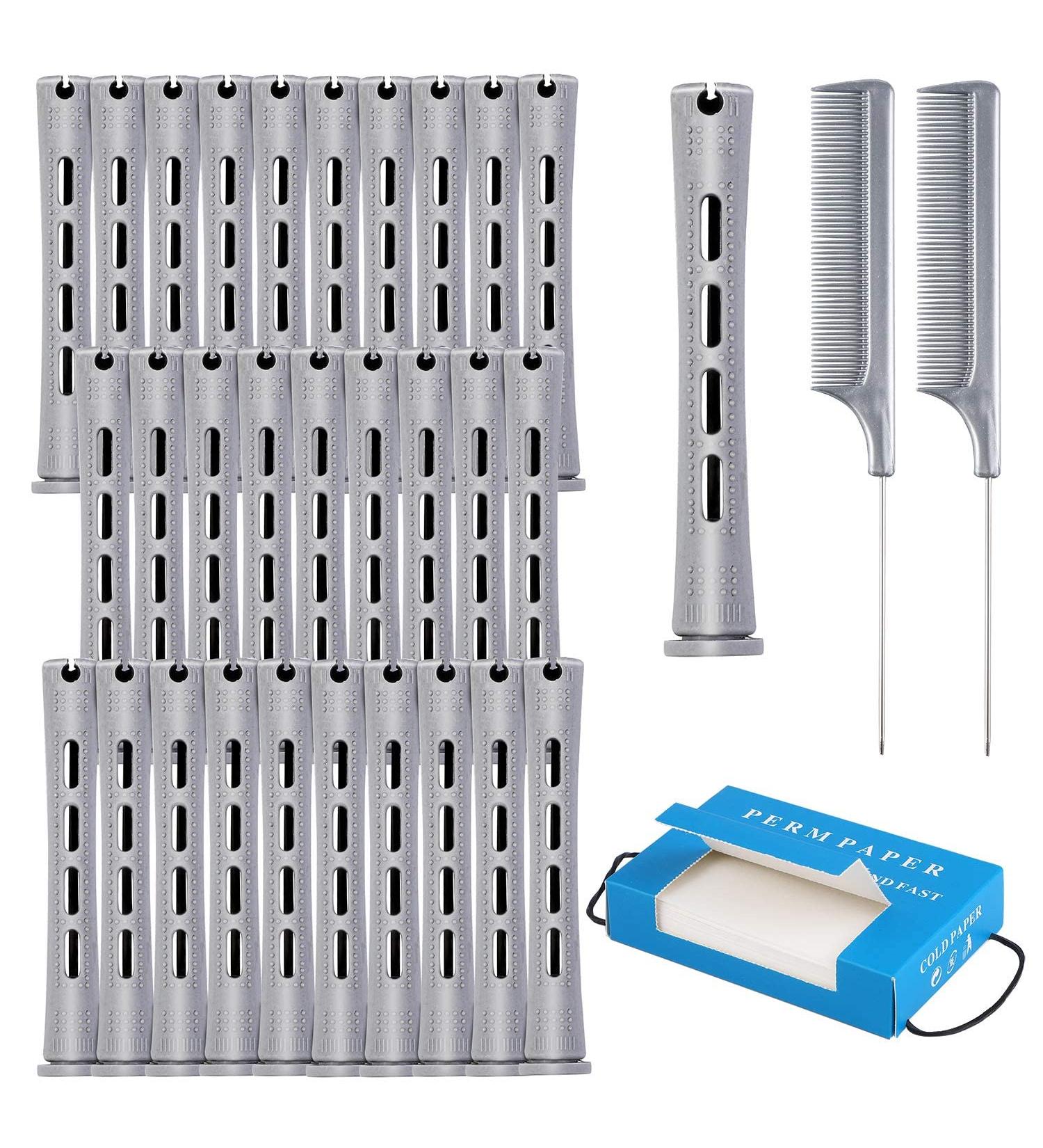 Elcoho 48 Pieces Gray Hair Perm Rods 3.3x0.6 Inch with Steel Pintail Comb and Perm Paper - Hairdressing Styling Tools (Pack of 48) - Buy Online on GoSupps.com