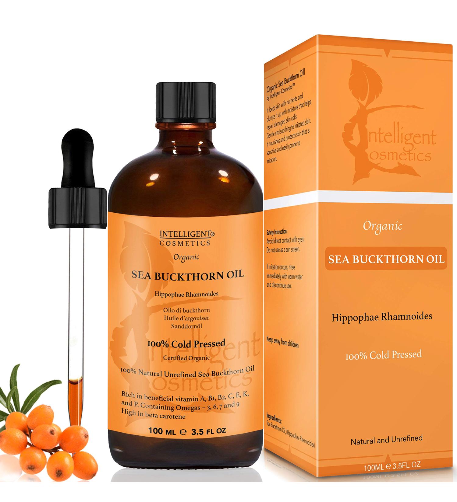 SEA Buckthorn Oil 100ML 100% Cold Pressed Organic Unrefined Pure & Natural Repairs Damaged Skin Calms Irritated Skin Heals Rosacea Supplied in Glass Amber Bottle with Pipette - Buy Online on GoSupps.com