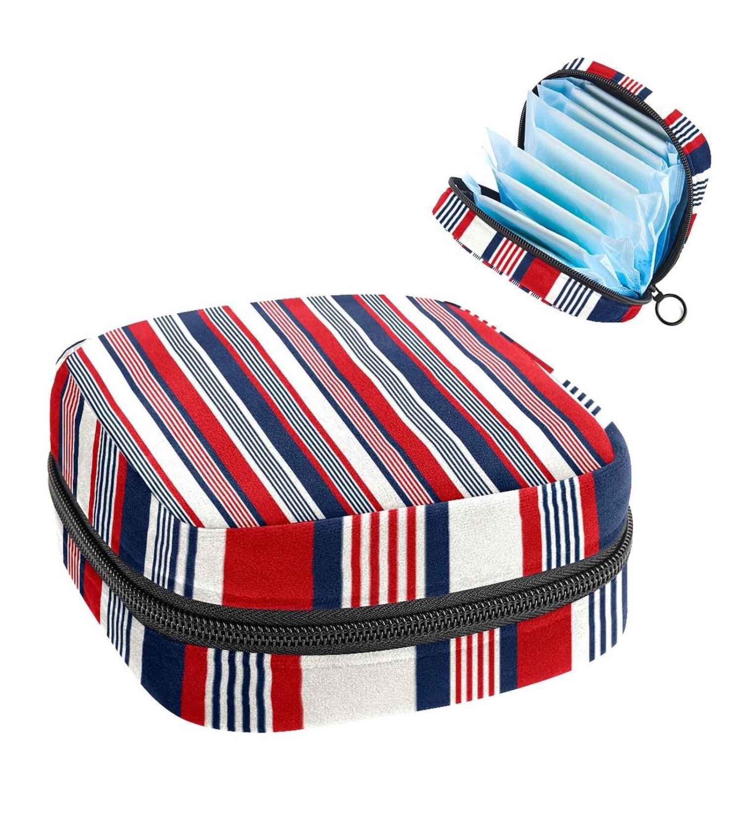 Women's Portable Period Kit - Bonds Storage Pockets Vertical Stripe Holder in Blue Red & White | Feminine Product Bag for Girls - Buy Online on GoSupps.com