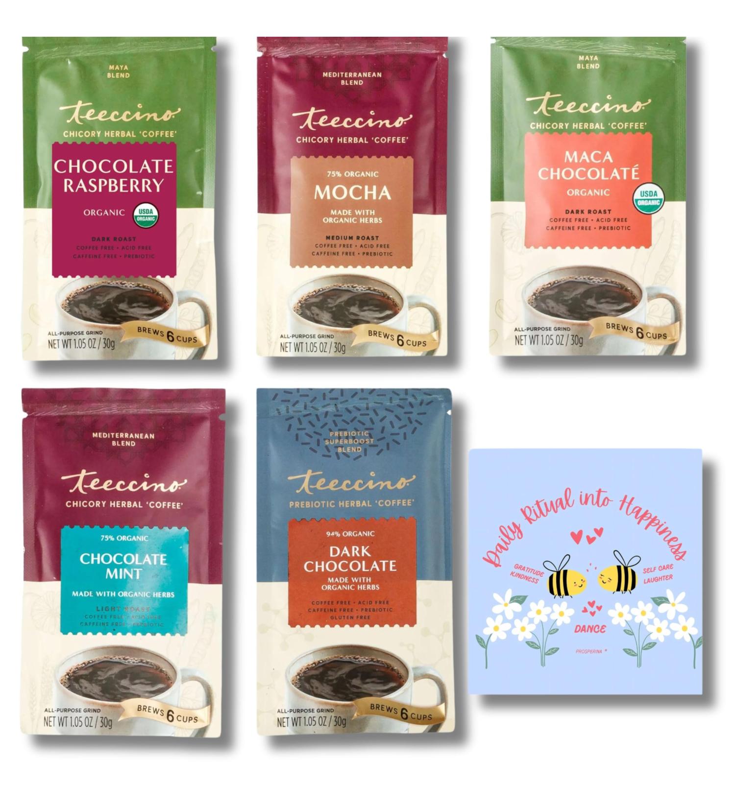 Teeccino Herbal Coffee Alternative Sampler Bundle (5-Pack 30g) - Chocolate Raspberry Mocha Maca Chocolate Mint Chocolate Dark Chocolate - Prebiotic Caffeine-Free & Prosperina Card - Buy Online on GoSupps.com
