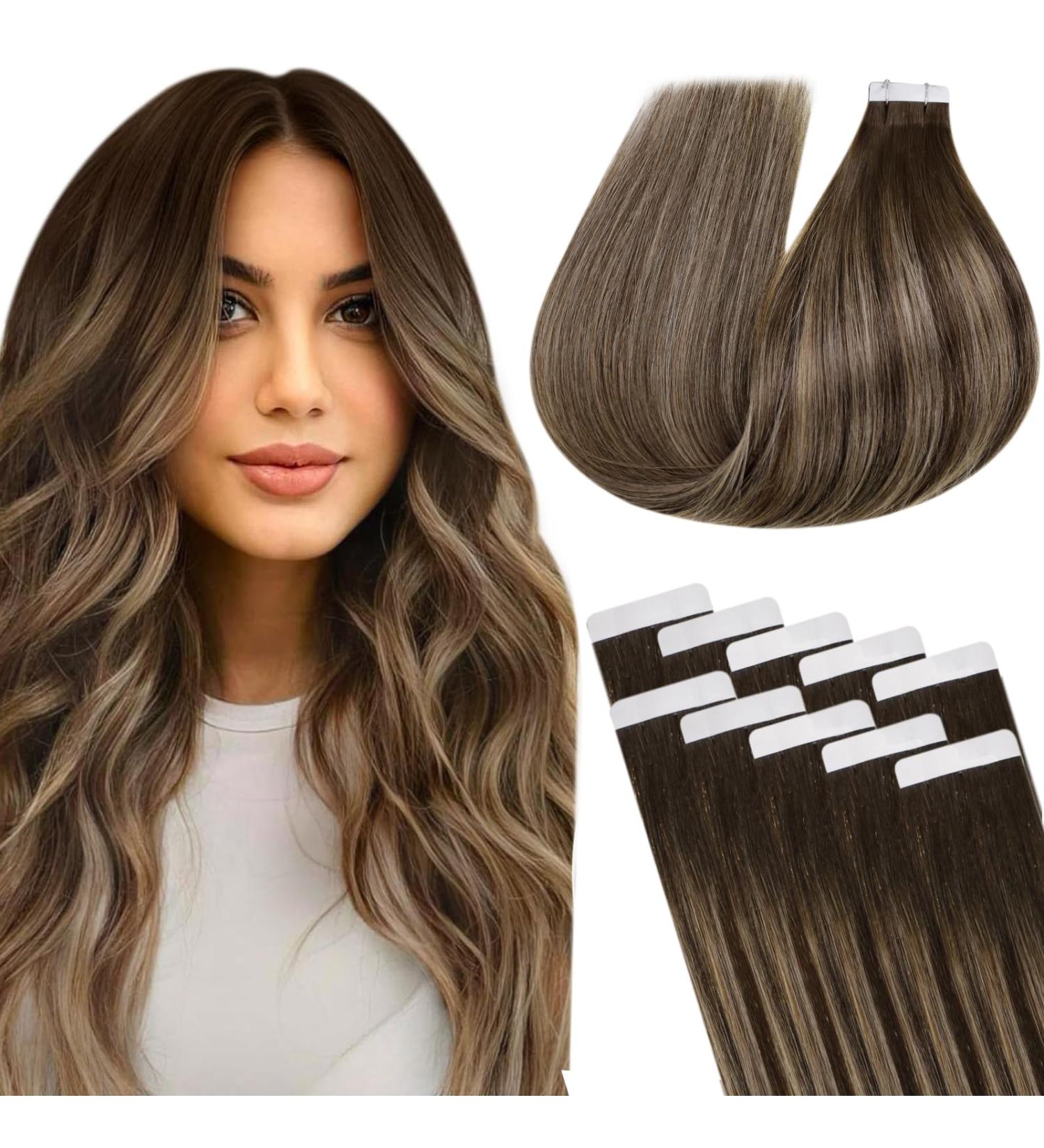 LAAVOO TAPE in Extensions | Real Hair Balayage Brown 35cm | Ombre Caramel Blonde Skin Weft | Remy Tape Extensions #4/27/4 | 10Pcs Invisible 25G - Buy Online on GoSupps.com