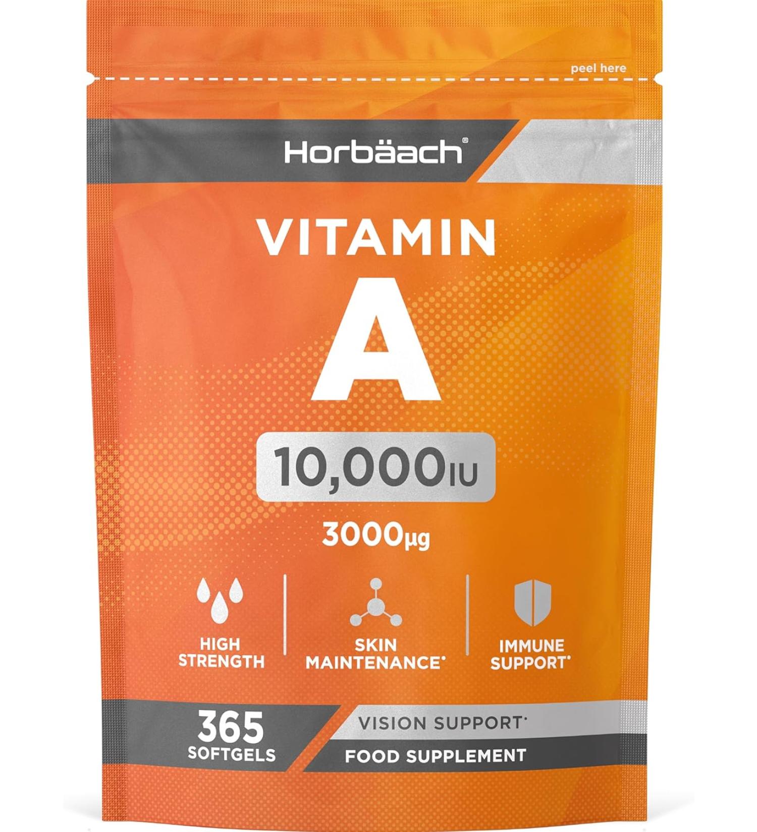 Vitamin A Capsules 10 000iu | 365 Count (1 Year Supply) | High Strength Vitamin A Supplement as Retinyl Palmitate | No Artificial Preservatives | by Horbaach - Buy Online on GoSupps.com