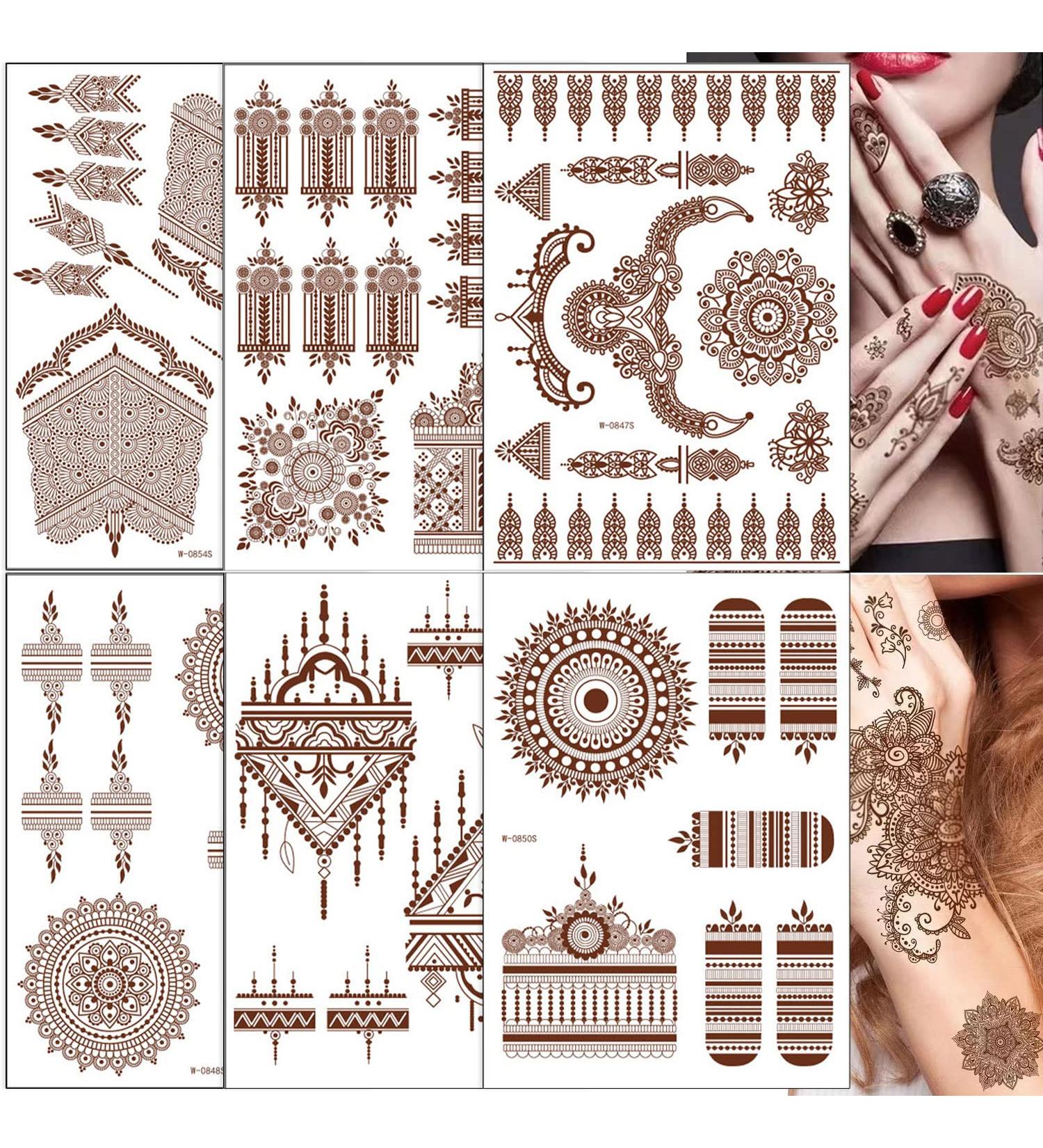 Brown Henna Temporary Tattoo Stickers - 80+ Exquisite Lace Flower Mandala Elephant Patterns - Waterproof Fake Tattoos for Women - 6Pcs Set - Buy Online on GoSupps.com
