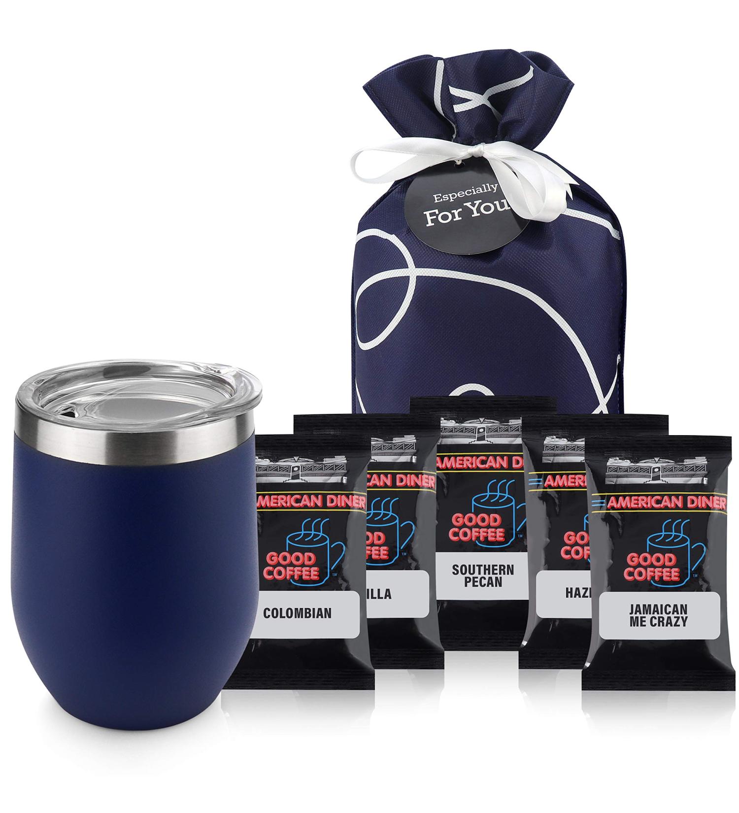 Coffee Lover's Gift Set: Double Insulated Cup & Pot Ground Coffee Sampler - 5 Special Blends in Gift Bag - Buy Online on GoSupps.com