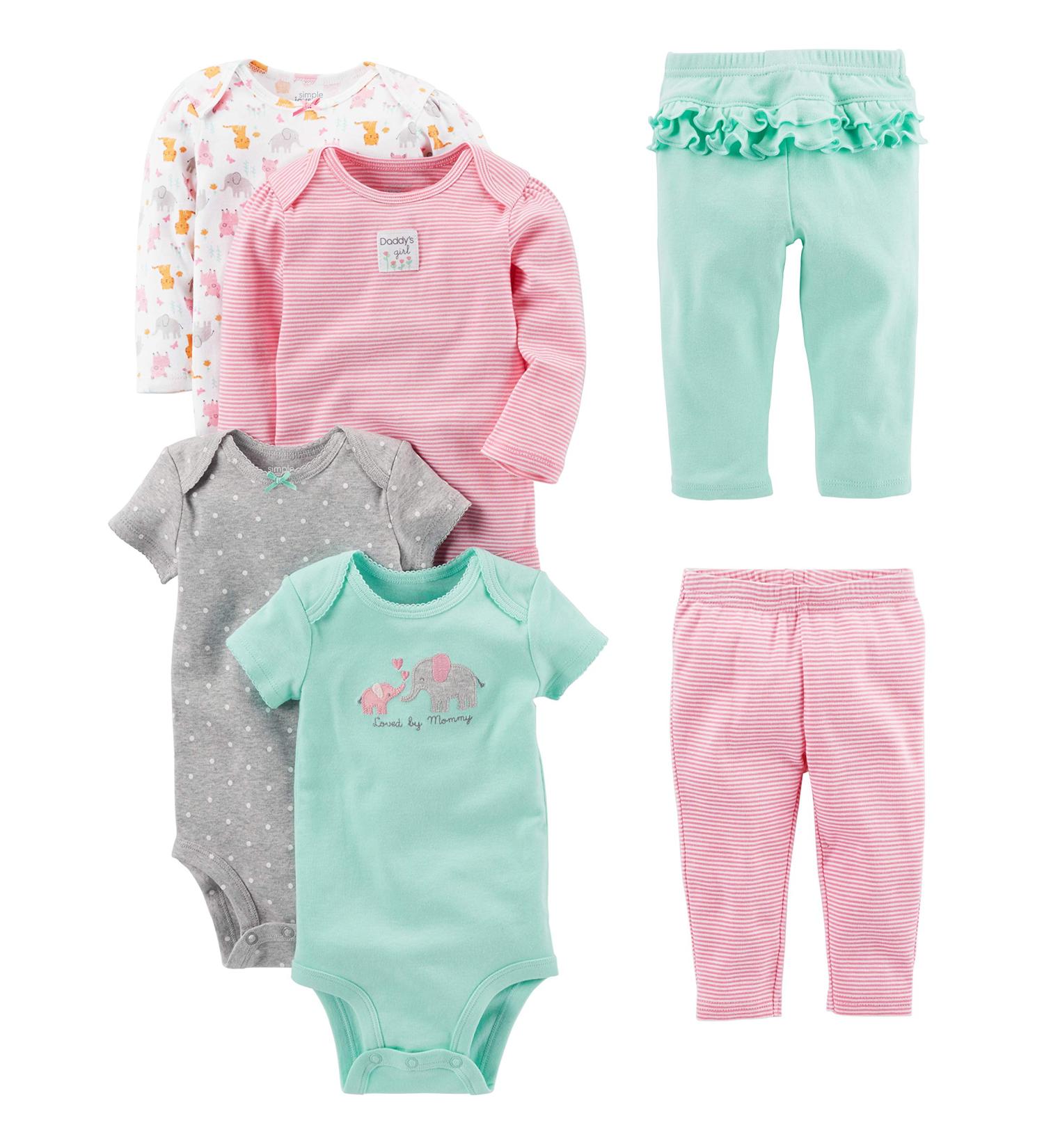 Simple Joys by Carter's Baby Girls' Pants Set 0-3 Months - Aqua Green Elephant/Grey Dots/Pink Stripes/White Forest Animals - Buy Online on GoSupps.com