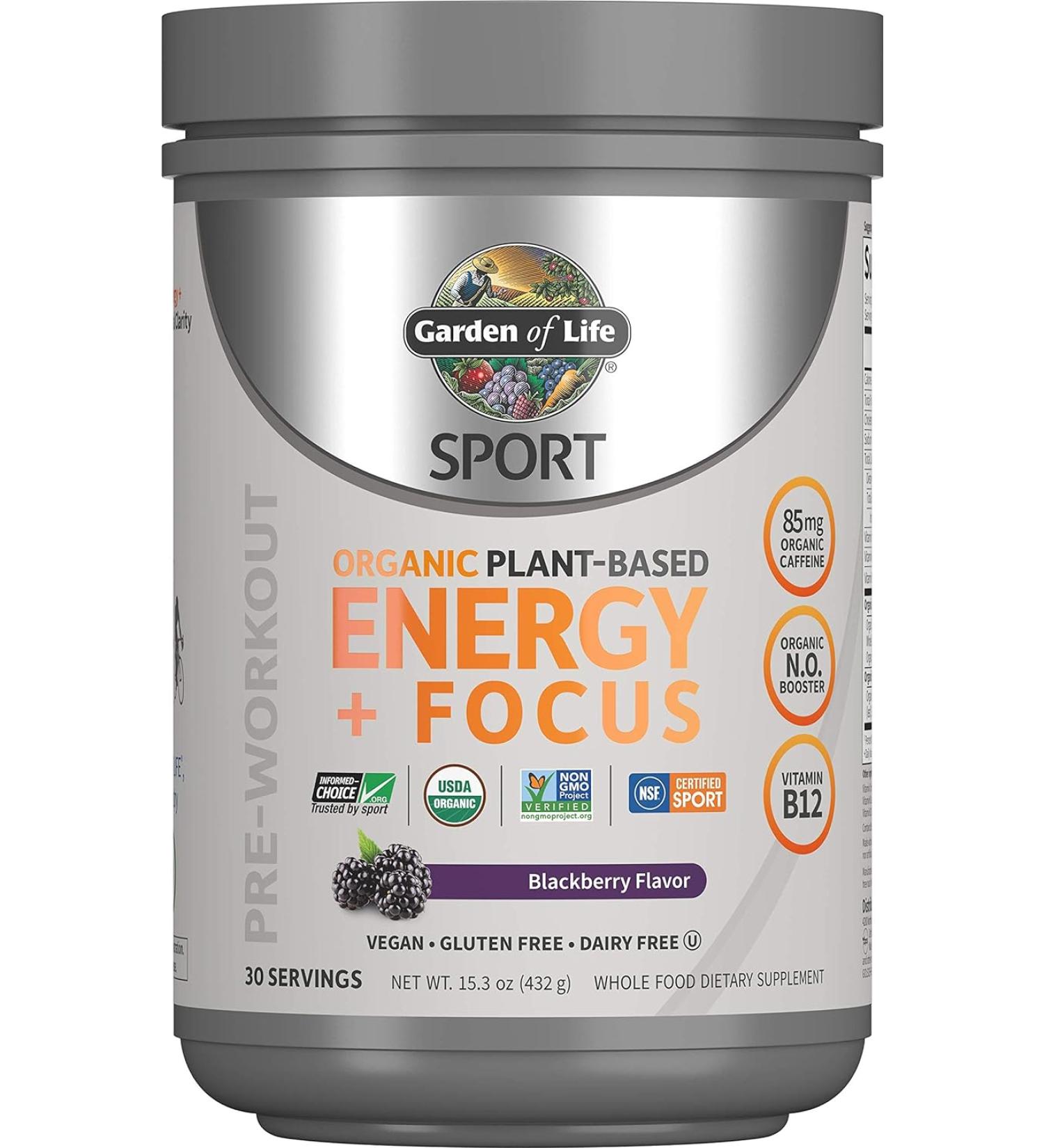 Garden of Life Sport Organic Pre Workout Powder - Vegan Gluten Free 85mg Caffeine Natural Energy & Focus - Blackberry Flavor 30 Servings Non-GMO - Buy Online on GoSupps.com