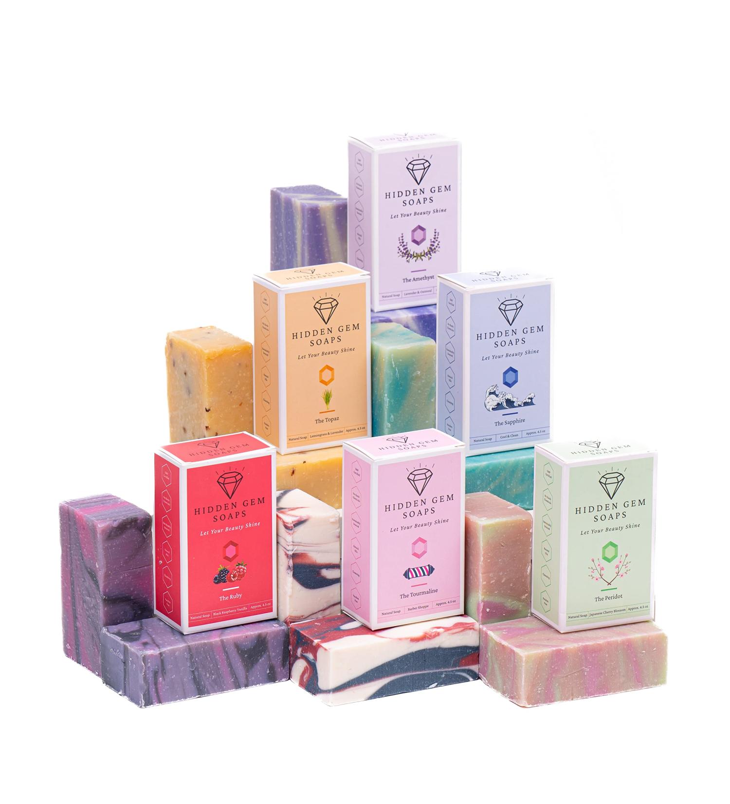 HIDDEN GEM SOAPS 6-Pack All Natural Handcrafted Bar Soaps | Cold Process | Made in USA | Palm Oil Free | Vegan | Lavender, Raspberry Vanilla, Cherry, Cooling, Barbary Fig, Lemon - Buy Online on GoSupps.com