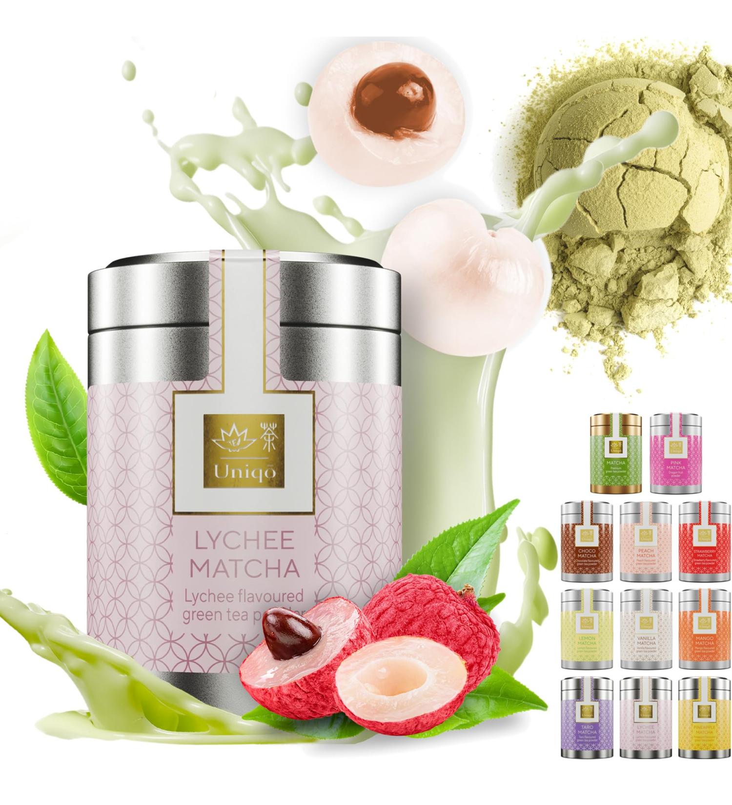 Tea Uniqo Litchi Matcha Powder - Premium Matcha Latte & Smoothie Ingredient - No Artificial Dyes - Perfect for Bubble Tea & Ice Cream - Buy Online on GoSupps.com
