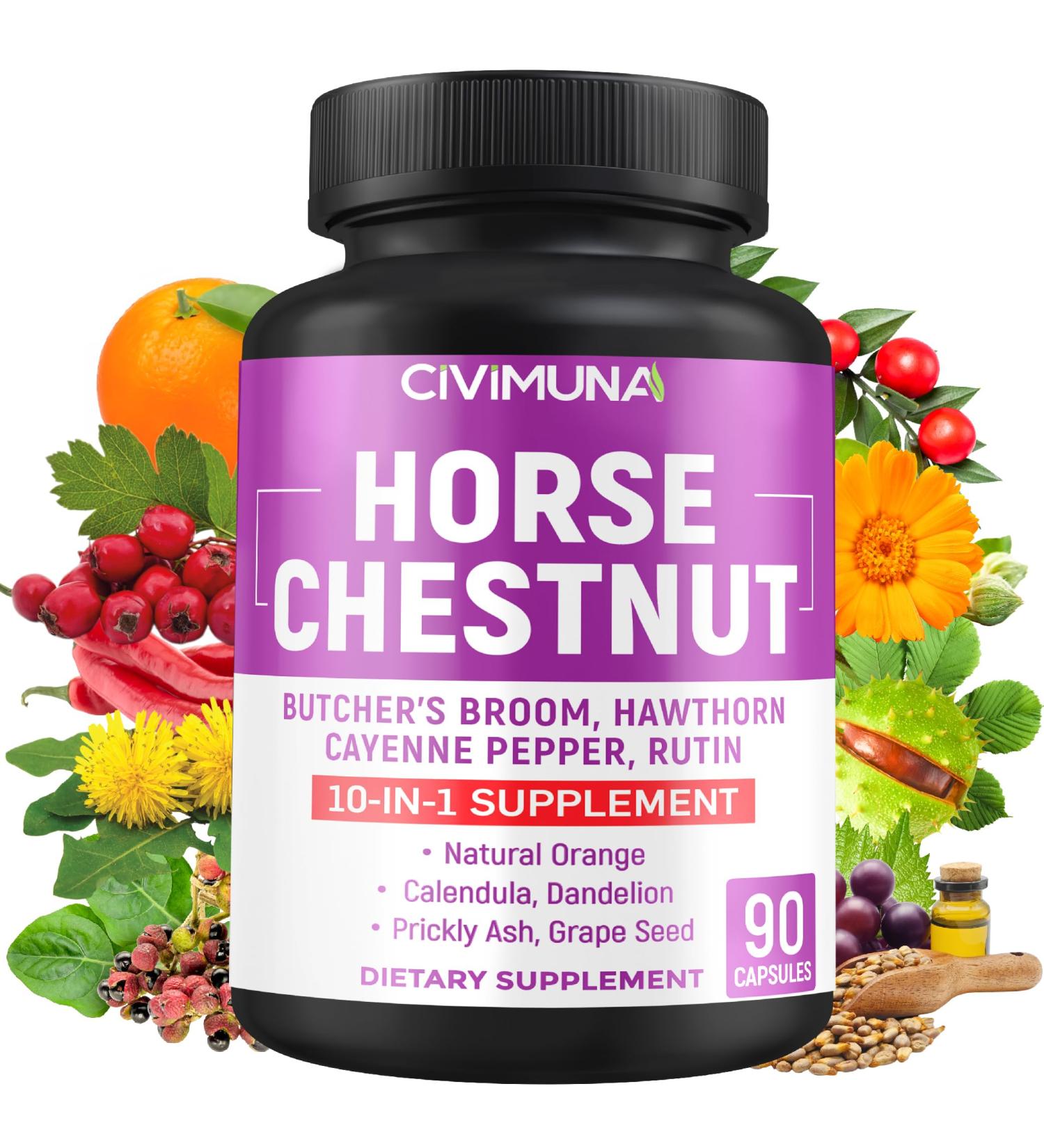 CIVIMUNA Horse Chestnut Capsules with Horse Chestnut Butcher's Broom Root Cayenne Pepper and More - 90 Capsules for 3 Months Supply - Buy Online on GoSupps.com