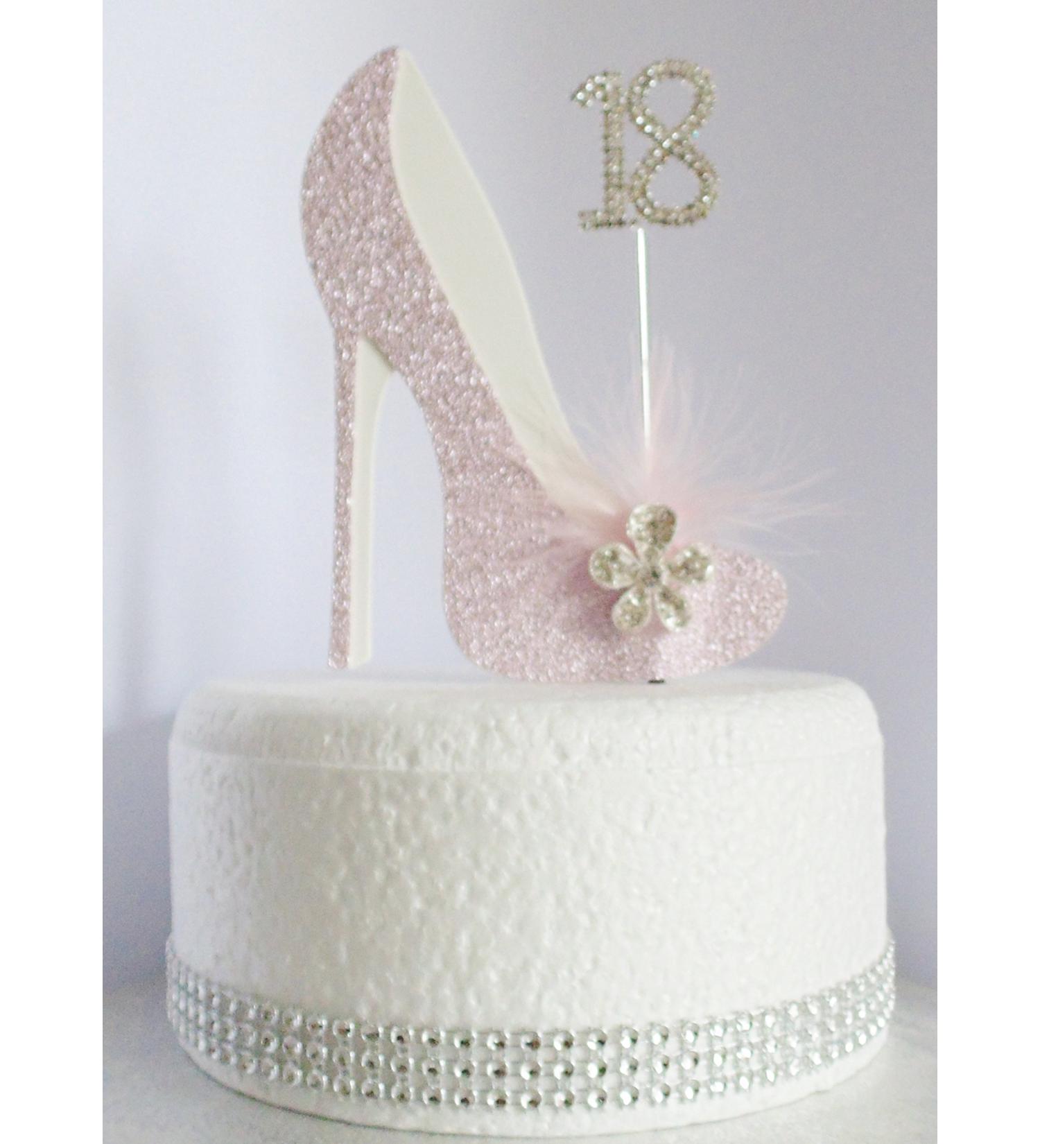 18th Pink and White Birthday Cake Decoration Shoe with Feathers and Crystal Flower Embellishments and Diamante Number Non- Edible (pink white feather 18) - Buy Online on GoSupps.com