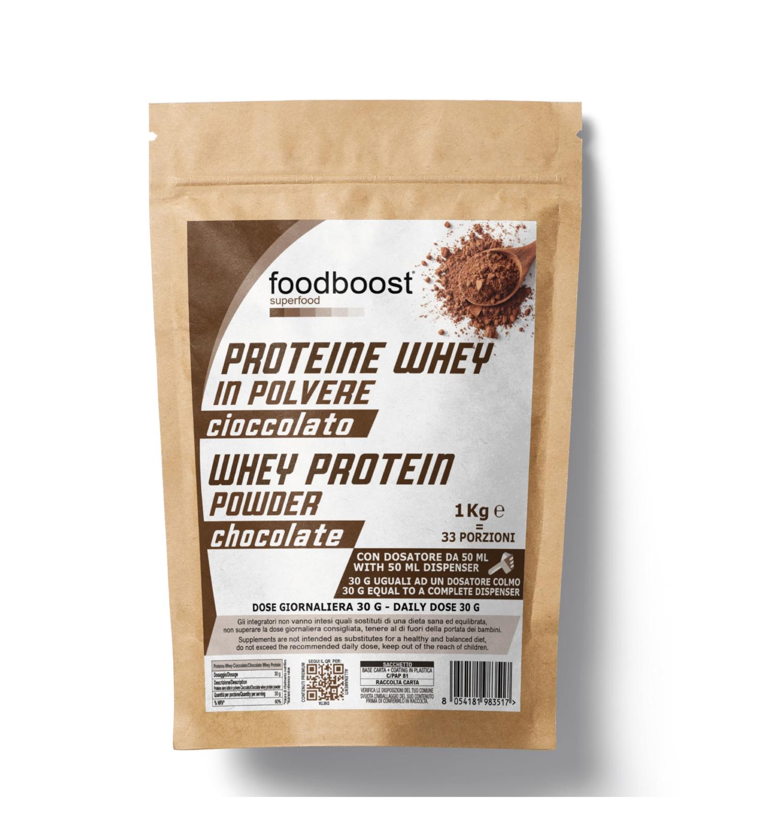foodboost Whey Protein Chocolate 1 kg powder - with dosage - High protein content - Perfect solubility - Promotes muscle growth and recovery in extreme training - Buy Online on GoSupps.com