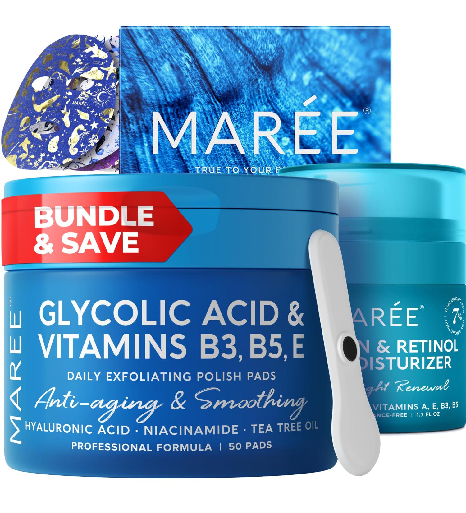 MAREE Bundle - Glycolic Acid Peel Pads Sheet Moisturizing Masks & Face Moisturizer Cream - Salicylic Acid Marine Collagen & Hyaluronic Acid Retinol - Cleaning Effect Hydrating & Anti Aging Cream - Buy Online on GoSupps.com