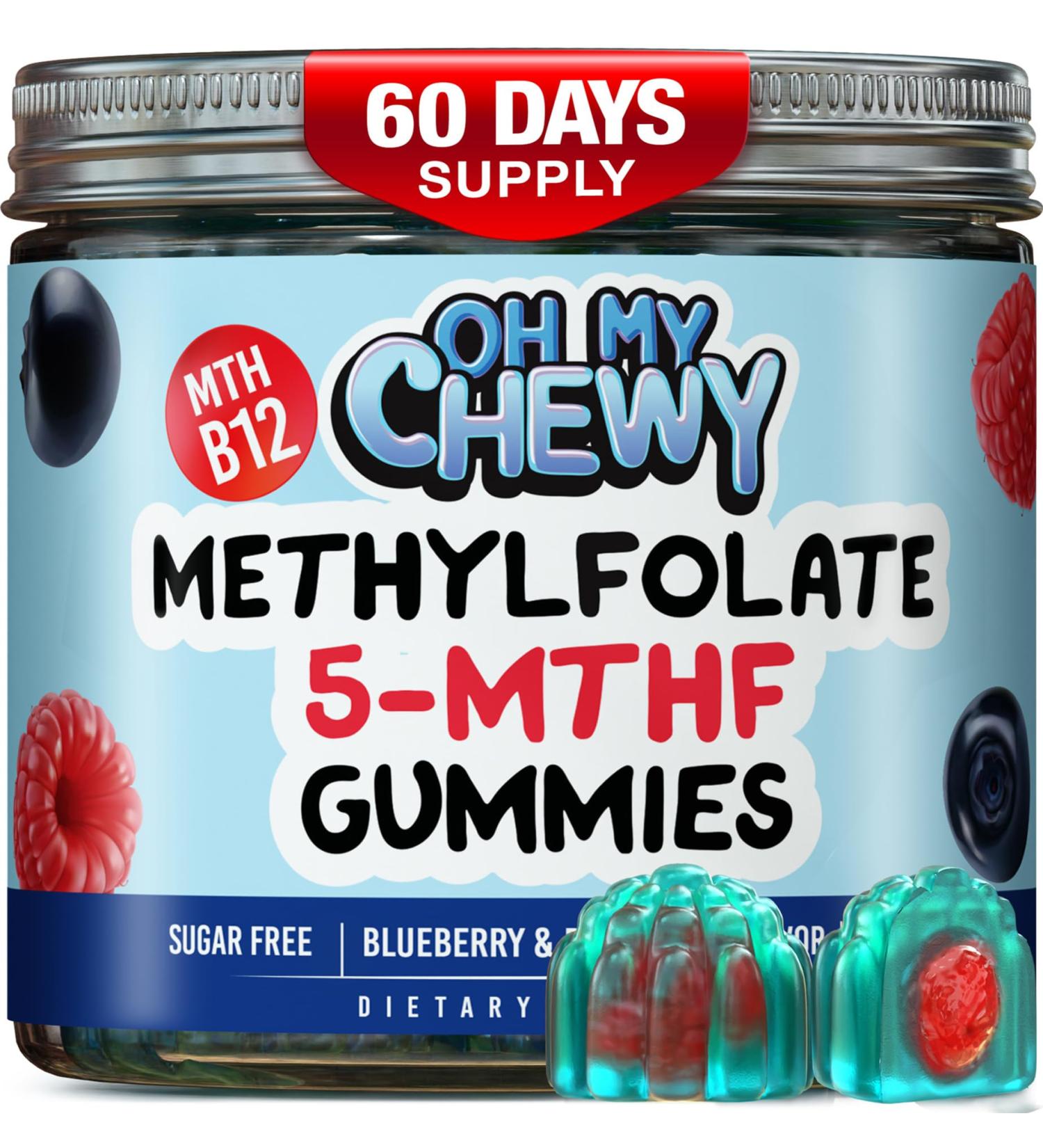 Center-Filled 5-MTHF Folate L-Methylfolate Gummies - Sugar-Free MTHFR Gene Support for Kids Teens & Adults with Methylated B1 B6 and Methyl B12 Cofactor - Mood Behavior Cognition - 60 Count - Buy Online on GoSupps.com