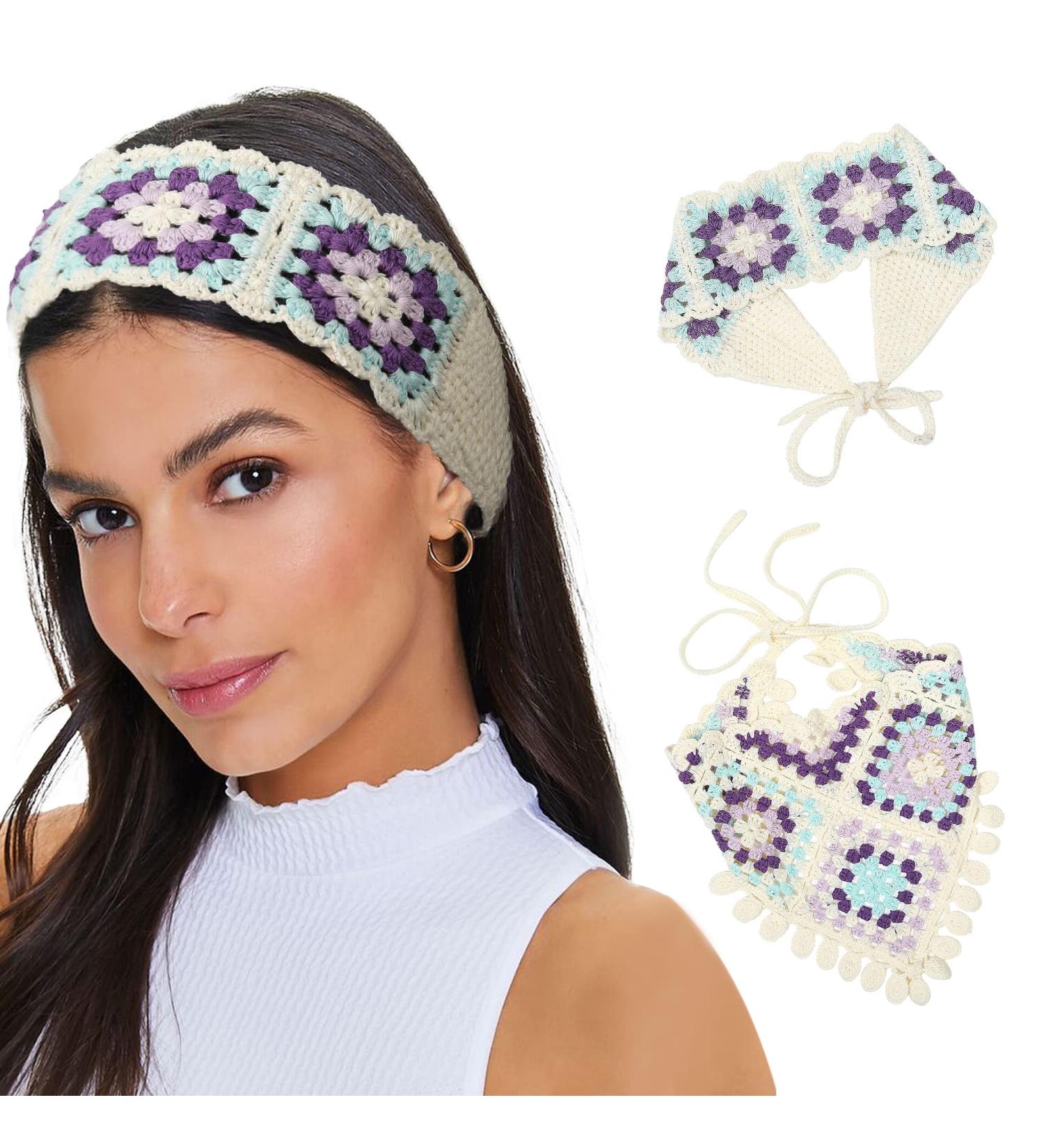 HAIMEIKANG Crochet Hair Bandanas - 2 Pcs Hippie Floral Head Kerchief for Women and Girls (Blue) - Buy Online on GoSupps.com