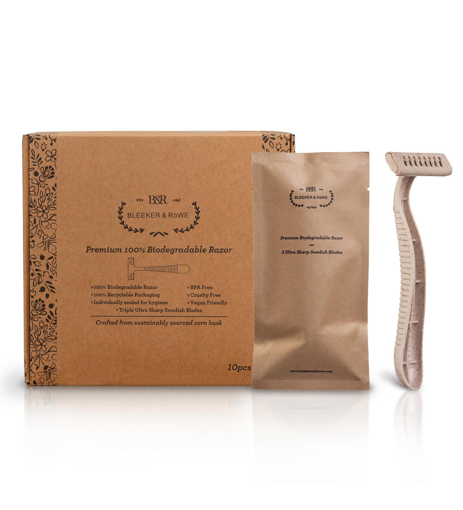 Eco-Friendly Biodegradable Disposable Razors | Bleeker and Rowe | Plant-Based | Triple Swedish Steel Blades | Individually Wrapped (10 - Buy Online on GoSupps.com