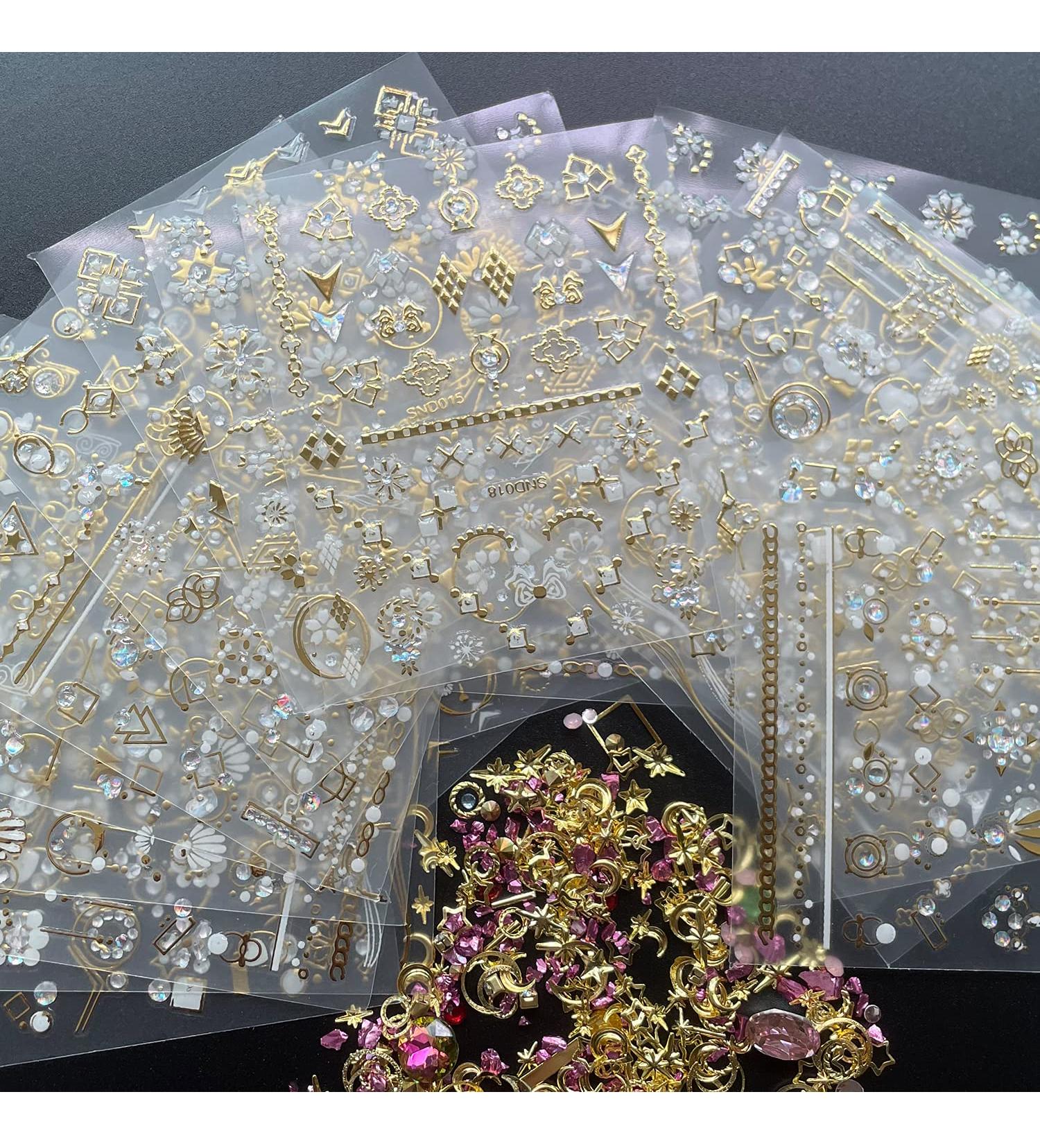 3D Nail Art Stickers Gold/Diamond Design - Luxury Self-Adhesive Decals for Women & Girls - Salon Quality Metallic Nail Stickers - Includes Nail Tweezers - 11-20 Sheets - Buy Online on GoSupps.com