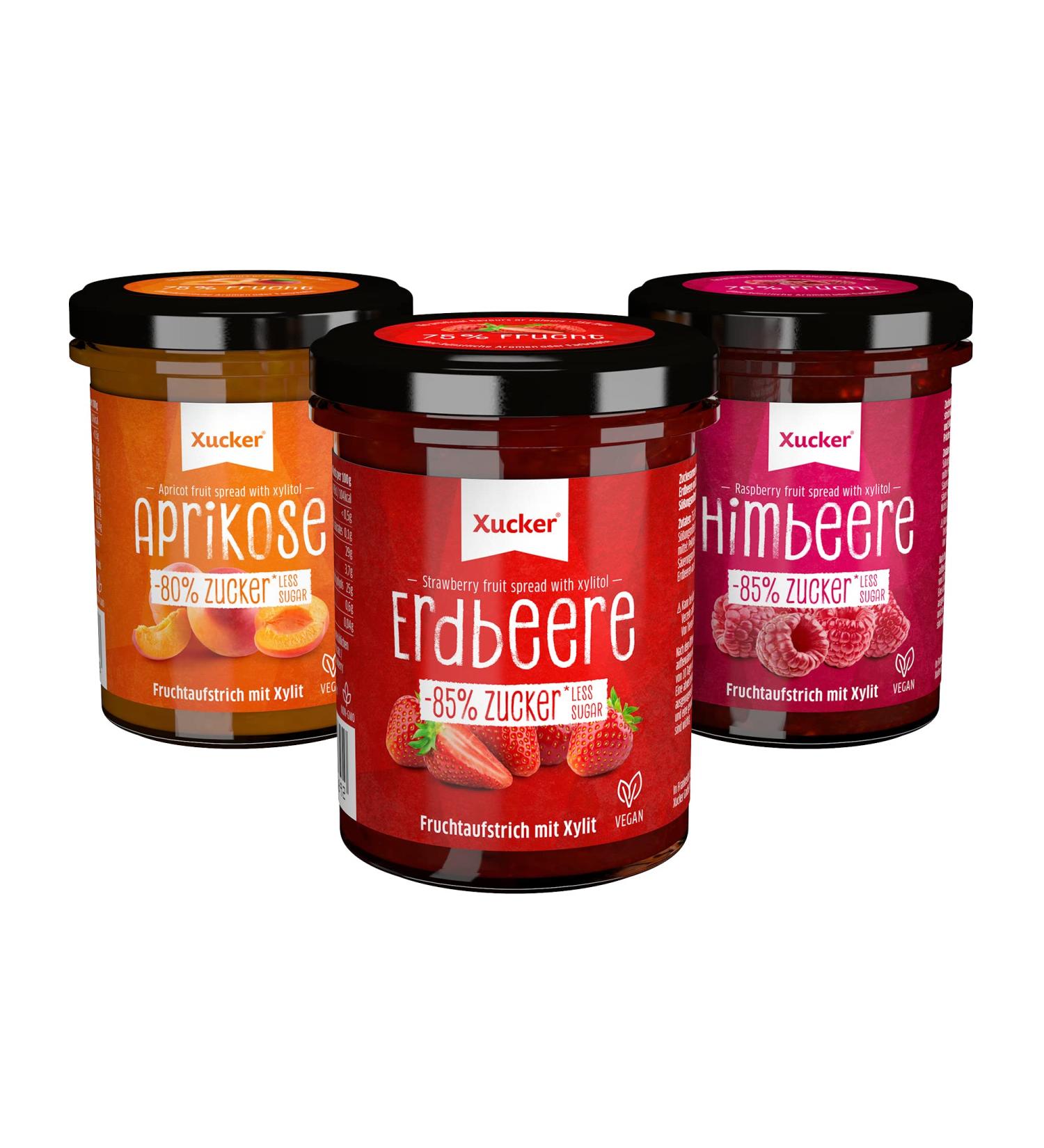 Xucker Jam Fruit Spread - 3 Flavors: Strawberry Apricot & Raspberry | 74% Fruit Xylitol Vegan Non-GMO | 3 x 220g - Buy Online on GoSupps.com