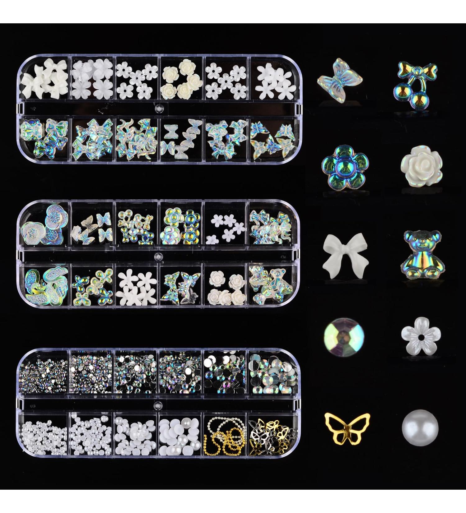 36 Grids 3D Acrylic Butterfly Flower Nail Jewelry Bear Nail Jewelry 3D Nail Jewelry Flat Nail Jewelry Stars AB Gemstones Stones Pearls Gold Metal Nails for DIY Nail Art Design Jewelry Making - Buy Online on GoSupps.com
