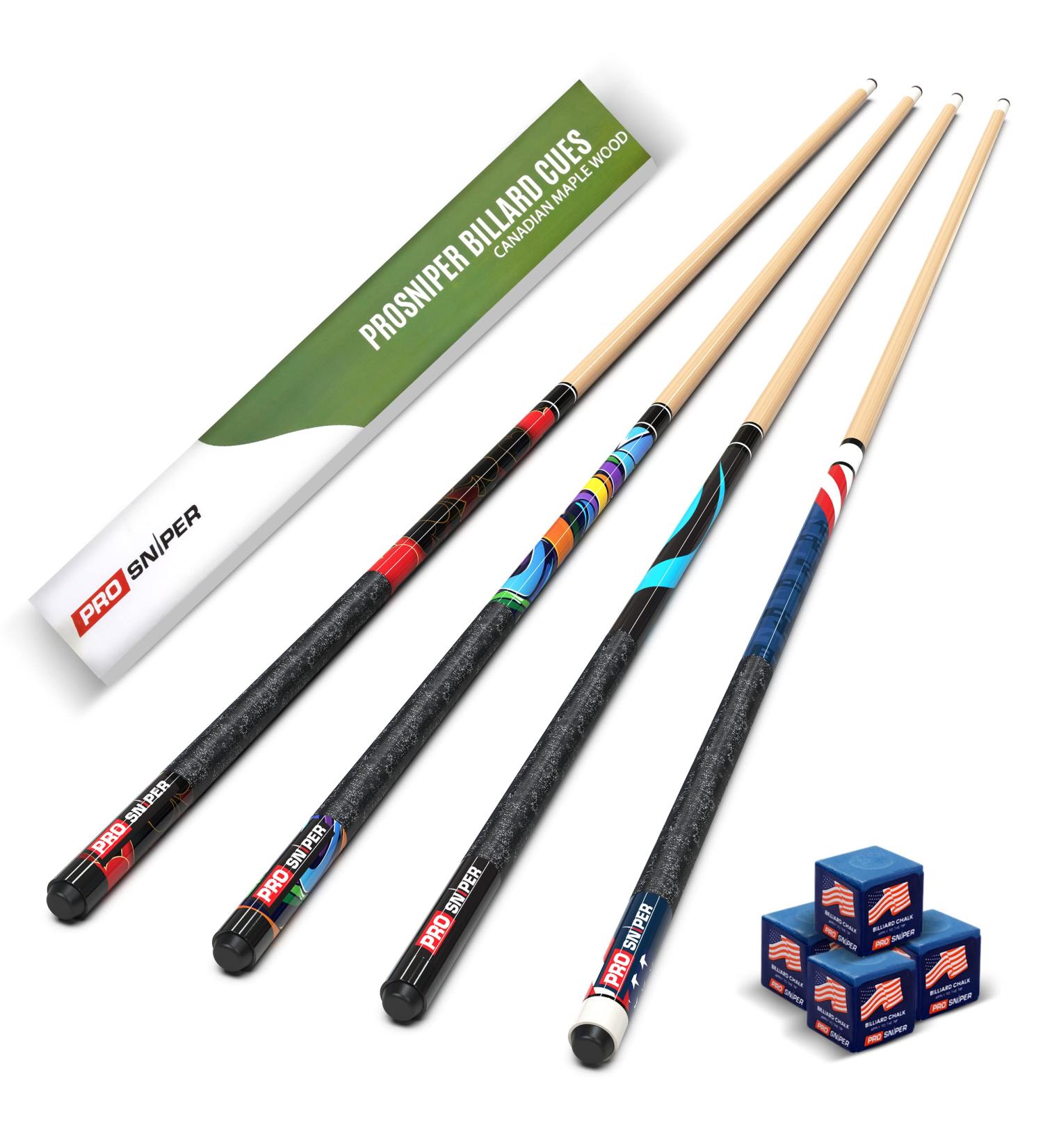 ProSniper Pool Cue Set - 4 Canadian Maple Wood Cues with Chalk - Durable & Unique Design for Professional Billiard Players - Buy Online on GoSupps.com