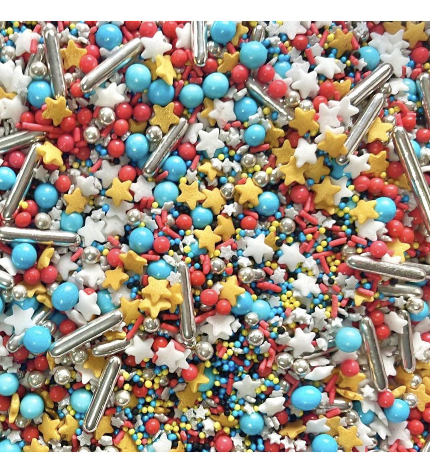 Red white blue silver gold stars rods Metallic Sprinkles for cupcake cookies cake toppers pearls balls metallic 100s and 1000s spring decoration cake cupcake topper SUPERHERO