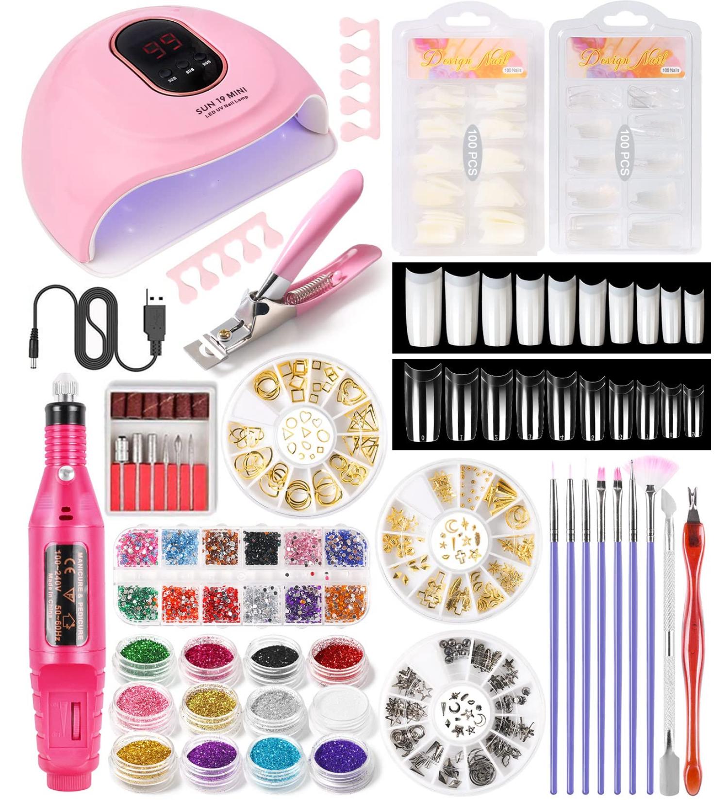 Electric Nail Drill & Acrylic Nail Tips Kit - 36W UV Lamp Gel Manicure Dryer 3D Synthetic Drill & 12 Color Glitter | International Shipping Available - Buy Online on GoSupps.com