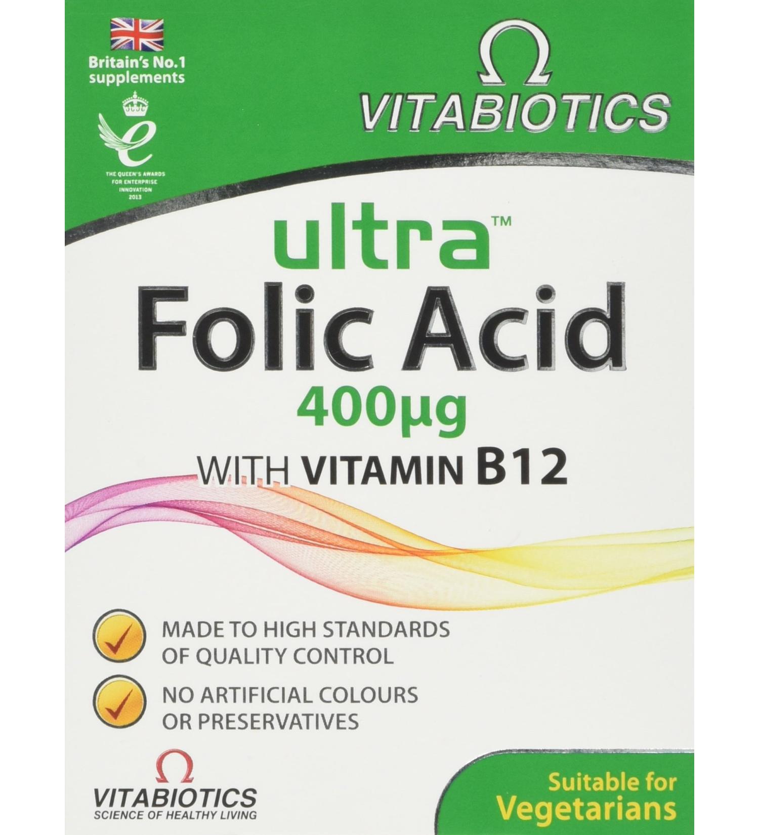 Vitabiotics Ultra Folic Acid Tablets 400mcg with Vitamin B12 - 60 Tablets - Buy Online on GoSupps.com