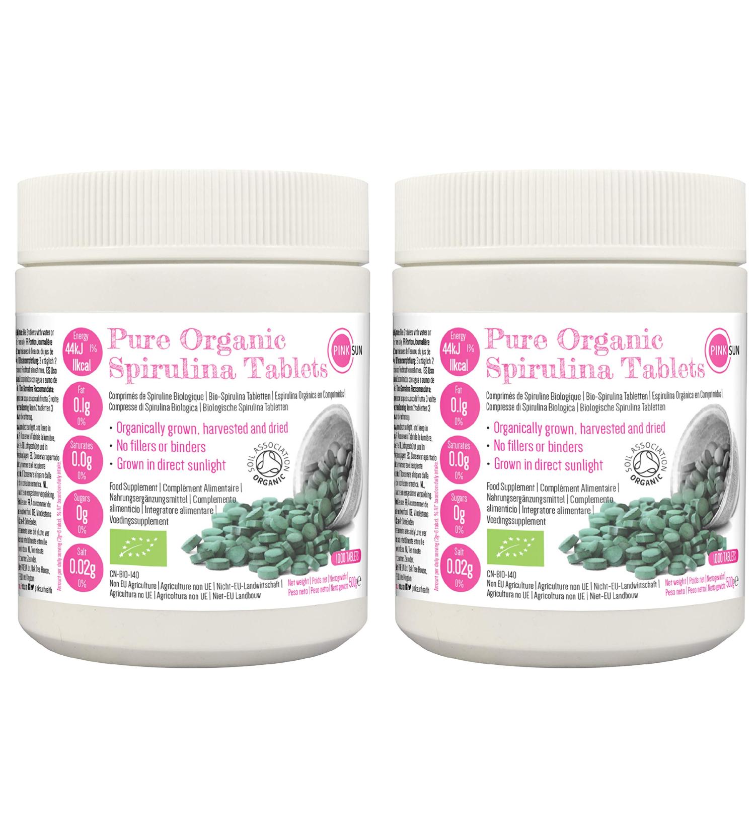PINK SUN Organic Spirulina Tablets 2000 x 500mg (1000 Tabs x 2) - Non GMO, Gluten Free, Certified Organic by The Soil Association - 1kg Bulk Buy - Suitable for Vegetarians and Vegans - Buy Online on GoSupps.com