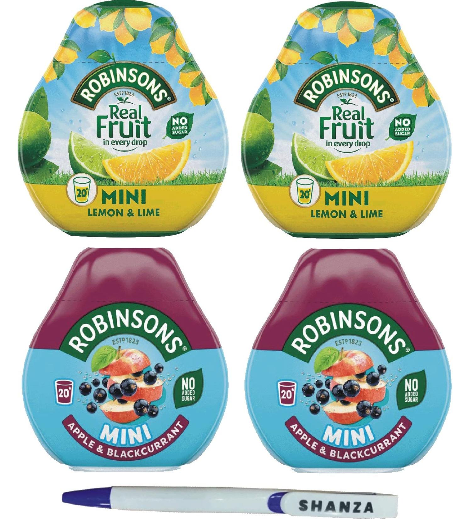 Robinsons Squash d Mini Squash d 2 Flavour Pack 2 x Lemon & Lime and 2x Apple & Blackcurrant No Added Sugar Real Fruit in Every Drop With Shanza Pen - Buy Online on GoSupps.com