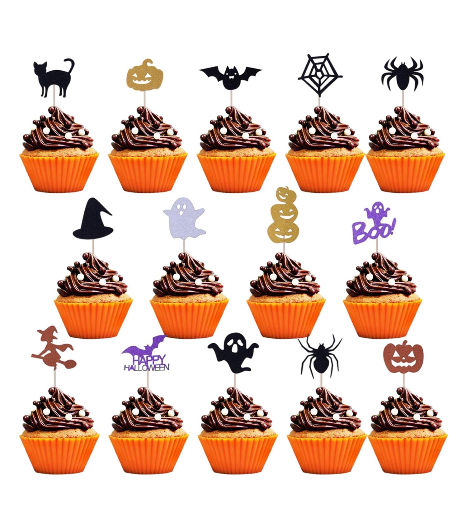 Halloween Cupcake Toppers 28Pcs Cute Cake Decorations Glitter Cupcake Toppers Spider Pumpkin Ghost Bat Cupcake Picks for Halloween Themed Party Supplies (A) - Buy Online on GoSupps.com