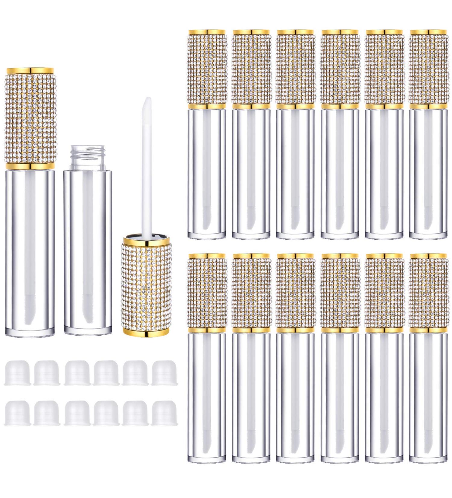 Crystal Rhinestone Lip Gloss Containers - Set of 12 | 5 ml Gold Bottles with Rubber Stoppers for Lip Gloss & Balm | Cosmetic Business Essential - Buy Online on GoSupps.com