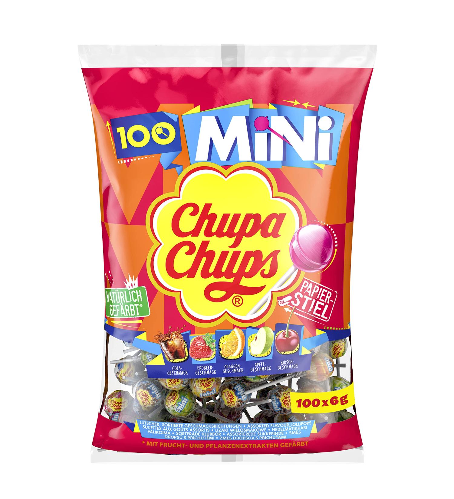 Chupa Chups Mini Classic Lollipops - 100 Pack (5 Flavors: Cola Orange Strawberry Apple Cherry) - International Shipping - Buy Online on GoSupps.com