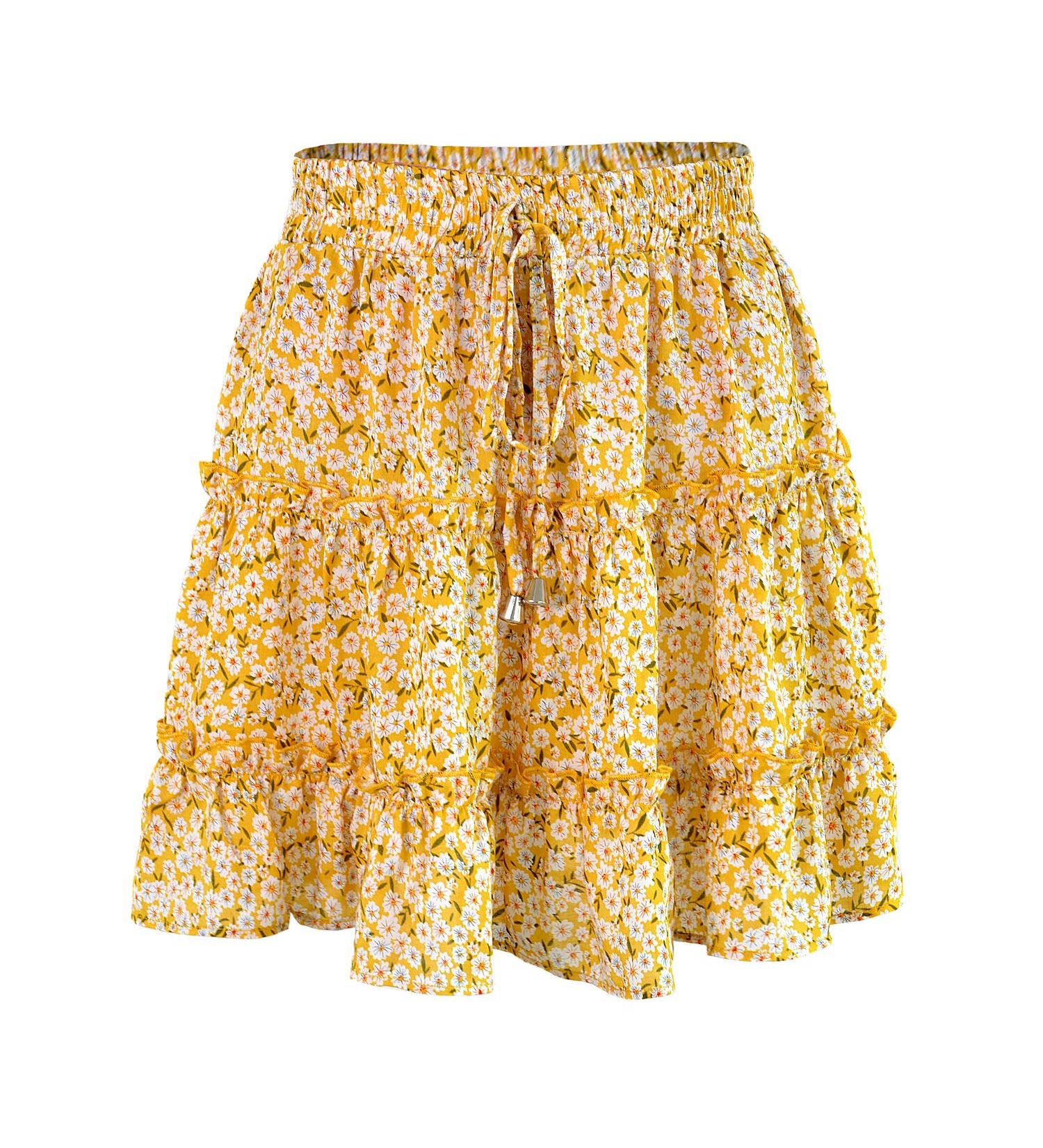 LAEMILIA Womens Floral Print Elastic Waist Flared Mini Skater Skirt - Yellow - Buy Online on GoSupps.com