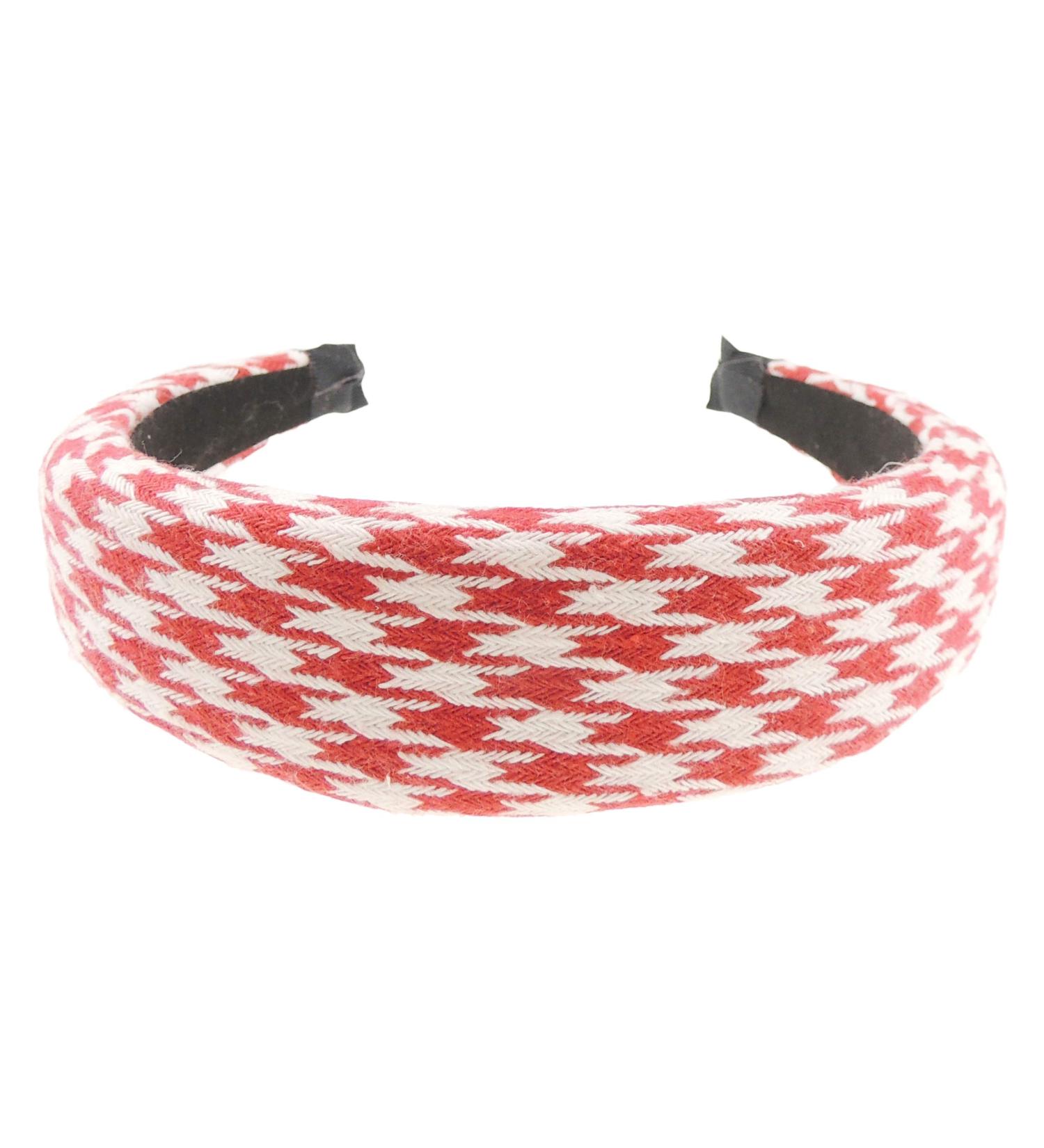 Ladies Padded Wide Big Dogtooth Houndstooth Plaid Print Headband Alice Band (Red White)