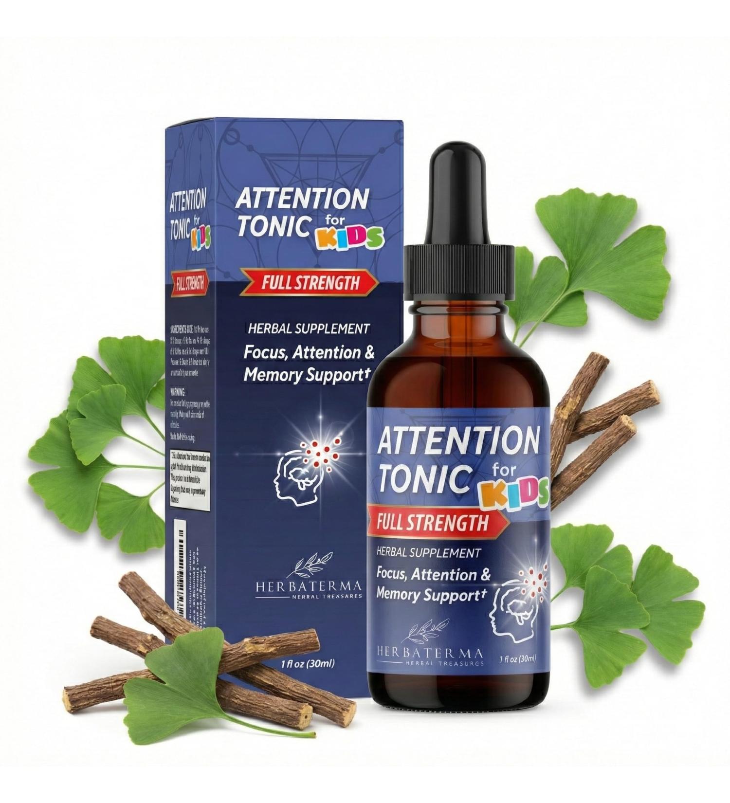 Attention Tonic for Kids Full Strength Liquid Focus Supplement Natural Concentration & Memory Support with Ginkgo Gotu Kola & Rhodiola Fast-Acting Alcohol-Free & Sugar-Free 1 fl oz (30ml) - Buy Online on GoSupps.com