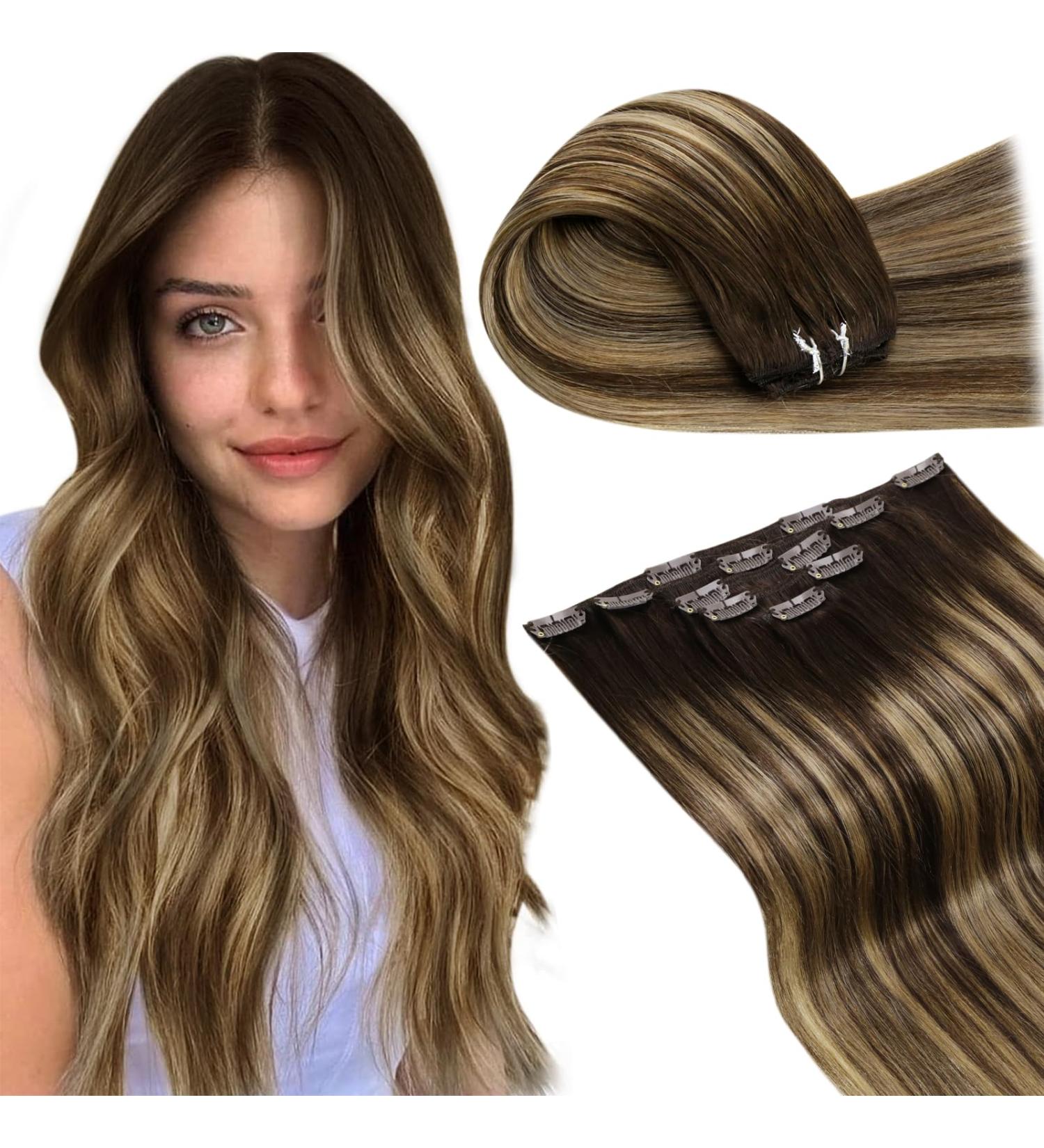 Laavoo 45cm Clip-in Real Hair Extensions - Ombre Dark Brown & Caramel Blonde Balayage 105g 7 Pieces - Remy Hair for Stunning Volume & Length - Buy Online on GoSupps.com