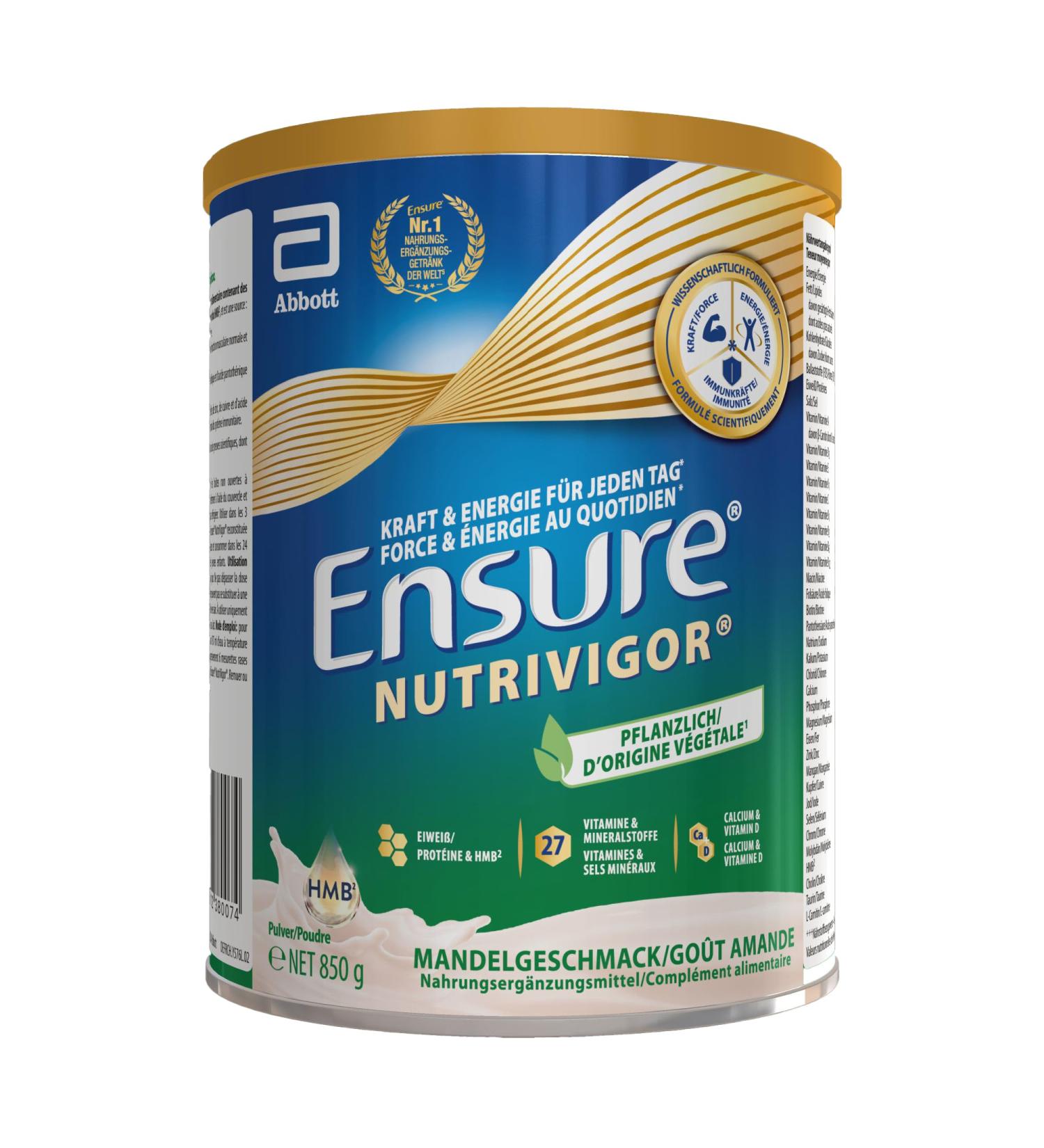 Ensure NutriVigor d'origine v g tale - Compl ment alimentaire avec prot ine HMB et 27 vitamines et min raux y compris la vitamine C le magn sium et le zinc - Saveur amande - 1 x 850g amande 850 g (Lot de 1) - Buy Online on GoSupps.com