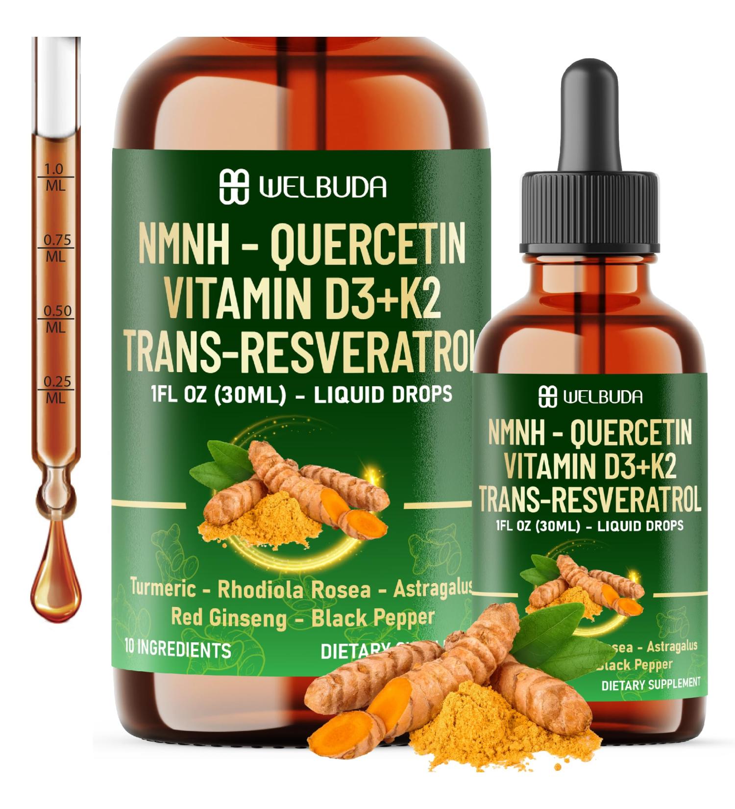 WELBUDA 10in1 NMNH Supplement Liquid with Vitamin D3 K2 Trans-resveratrol Quercetin Turmeric Rhodiola Rosea Astragalus Red Panax Ginseng Black Peper - 1 FL Oz - 60 Day Supply - Buy Online on GoSupps.com