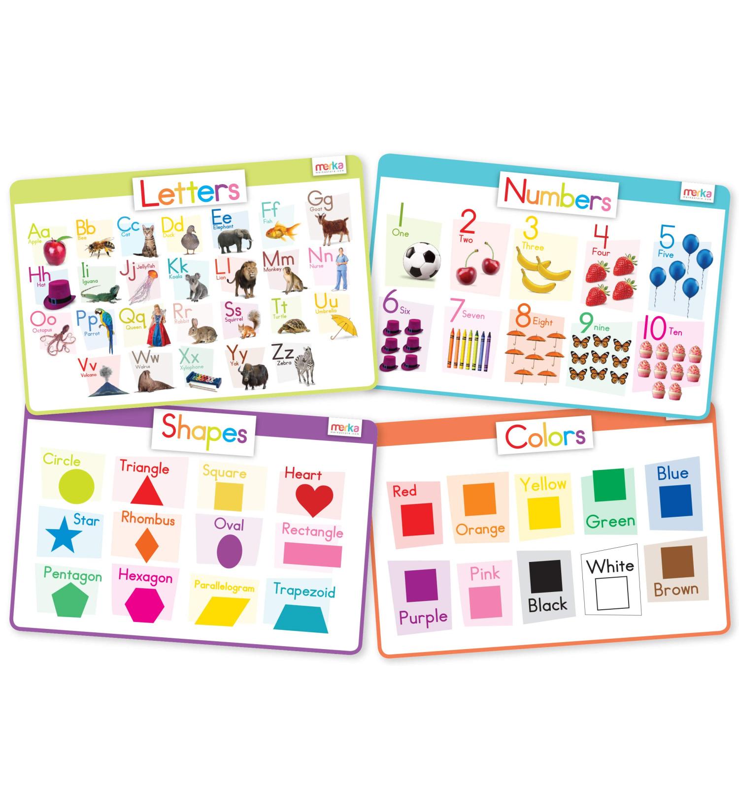 merka Kids Placemats Set - Non Slip Disposable Toddler Placemats with Letters, Numbers, Shapes, and Colors - Montessori Alphabet Learning Mats - Set of 4 - 17 x 11 - Buy Online on GoSupps.com