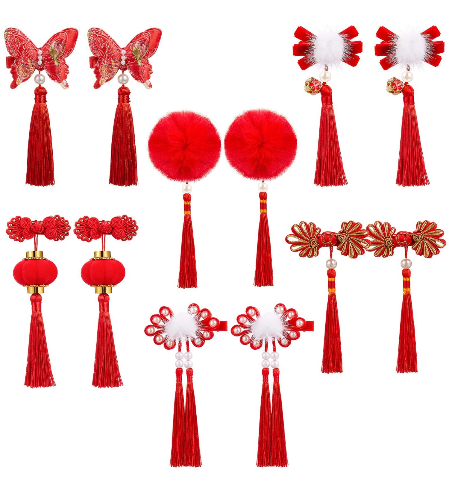 6 Pairs Baby Girls Chinese Style Hair Clips with Hairy Furry Balls and Tassels - Red Lantern Butterfly Decor - Perfect for New Year and Spring Festival - Buy Online on GoSupps.com