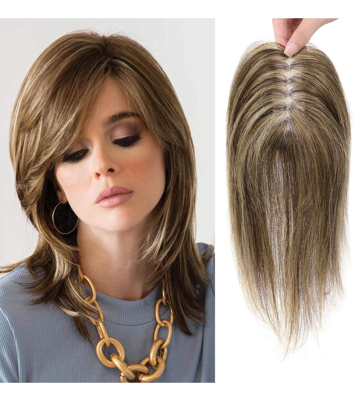 10 Inch Human Hair Topper for Thinning Hair Women - 4/27# Medium Brown with Warm Highlights - Buy Online on GoSupps.com