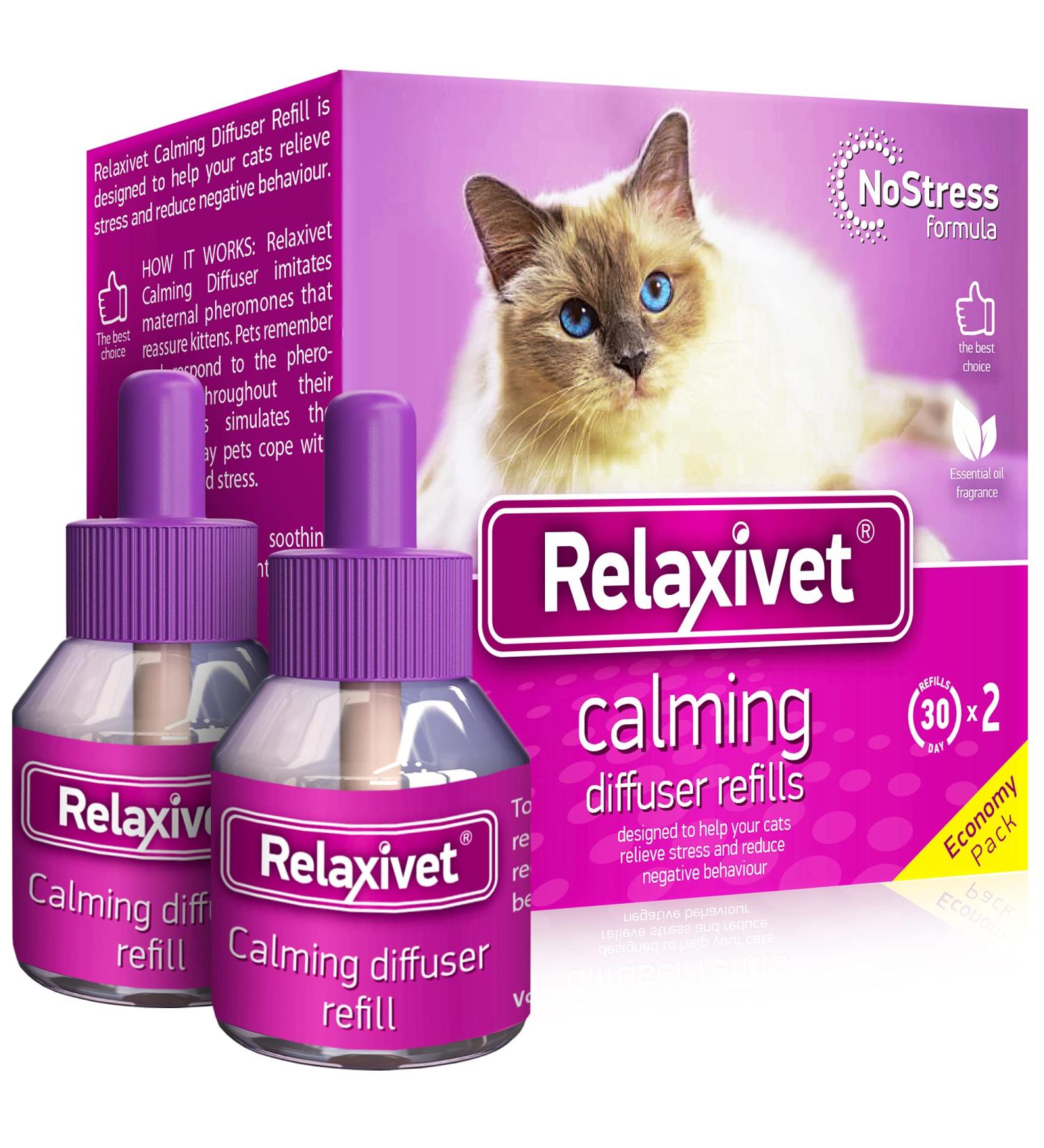 Relaxivet Cat Calming Diffuser Refill - Feline Stress Relief with Pheromones - Anti-Anxiety Solution for Cats - 2 Refills (Diffuser not Included) - Buy Online on GoSupps.com