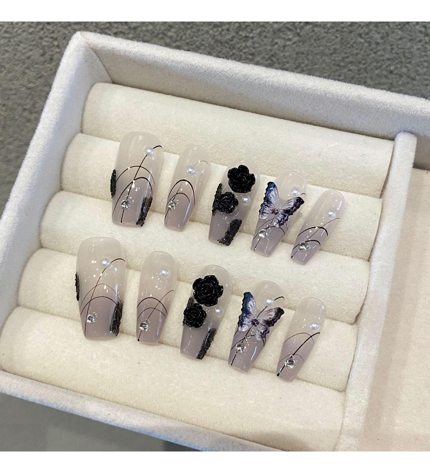 Nail enhancement black rose bow pearl mountain camellia handmade nail polish sparkling diamond and nail accessories(Size:L) - Buy Online on GoSupps.com