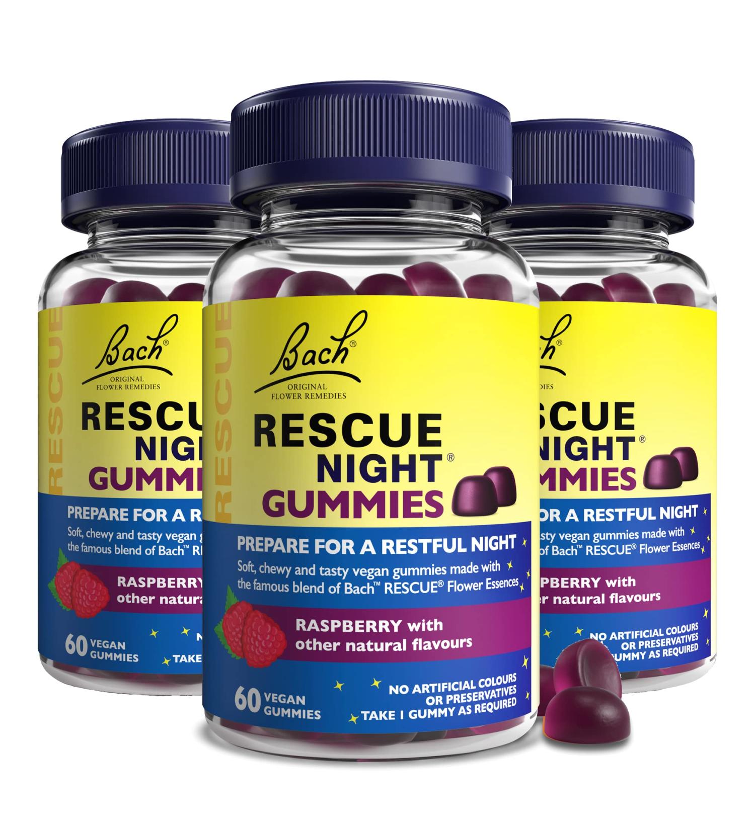 Rescue Remedy Gummies Night 3 Pack Bundle for A Serene Sleep with Raspberry Flavour Easy to Take Vegan & Natural Suitable for All The Family 3 x Pack of 60 Raspberry 60 Count (Pack of 3) - Buy Online on GoSupps.com