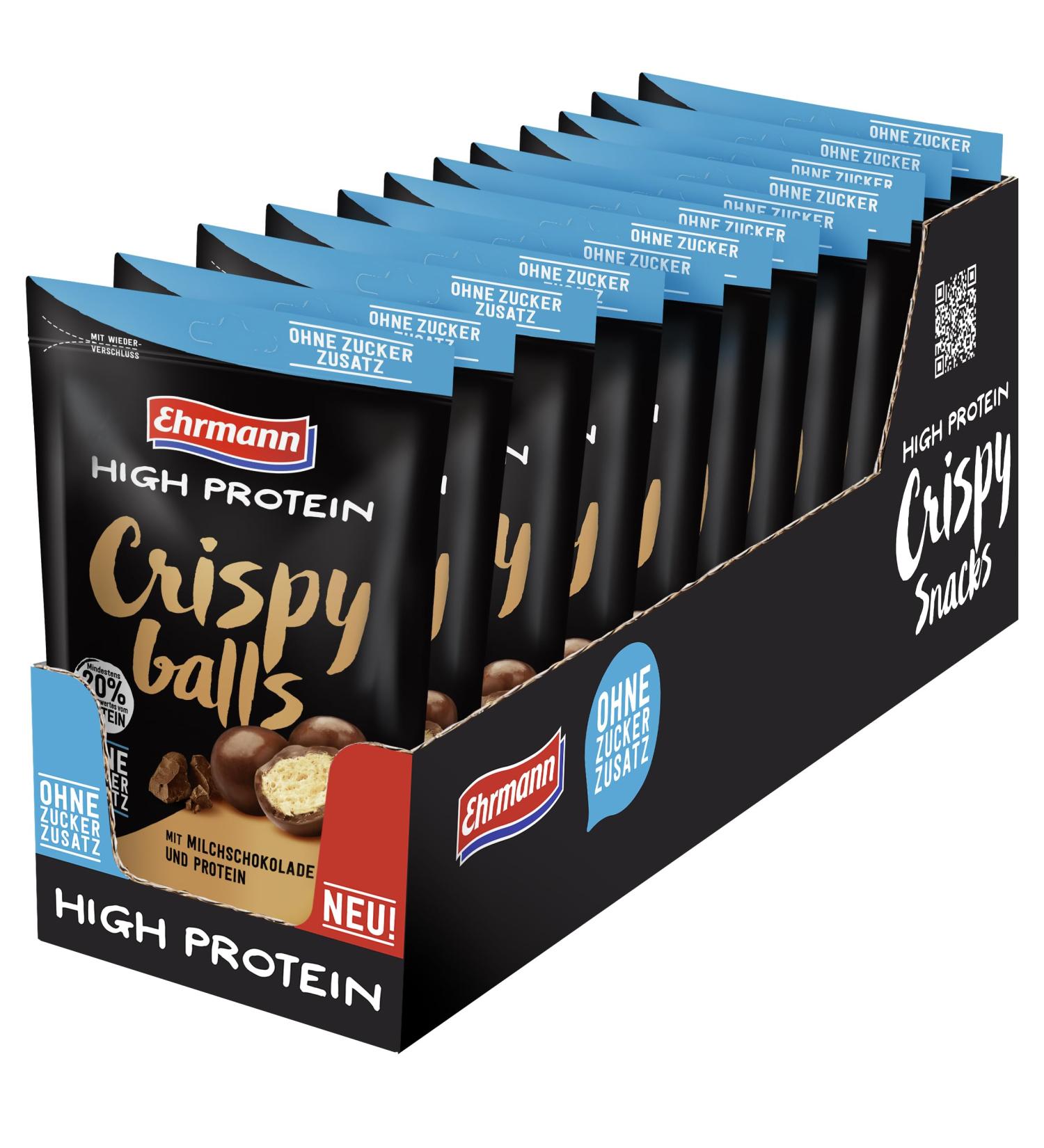 Ehrmann High Protein Crispy Balls - Sugar-Free Milk Chocolate & Fairtrade Cocoa | 12 x 55g Grain Snacks for Healthy Energy - Buy Online on GoSupps.com