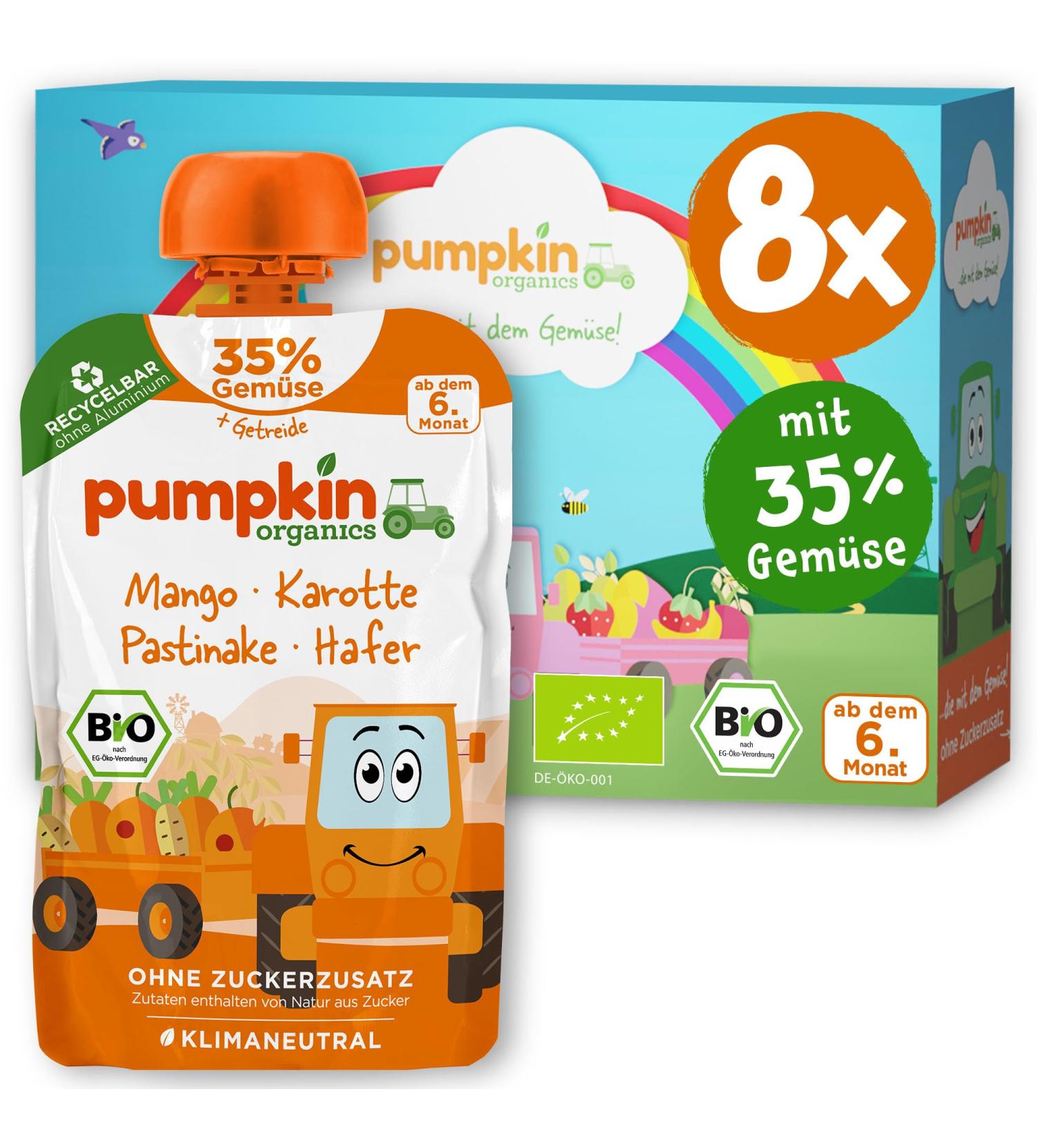 Buy Pumpkin Organics Bio Vegetable Cereal Quets 8 Pack - Mango Carrot Pastinake & Oats - No Added Sugar Baby Food for 6+ Months - Vegetarian (8x100g) - Buy Online on GoSupps.com