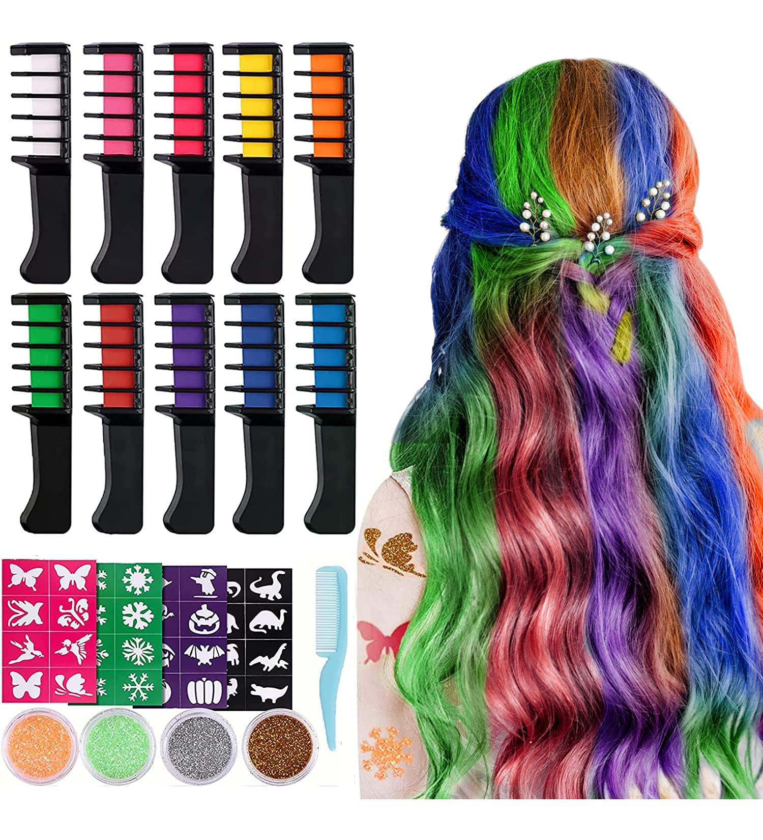 EBANKU 10 Colors Temporary Hair Chalk Comb Set with Glitter Tubes, Stencils - Washable Hair Color for Girls, Kids - DIY Dyeing Party, Cosplay, Halloween, Christmas - Buy Online on GoSupps.com