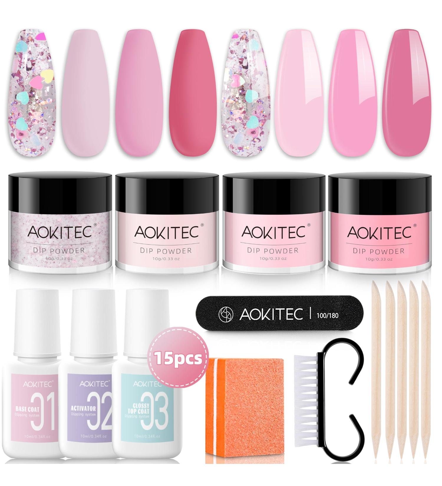 Aokitec 15-Piece Dipping Powder Nails Set - Pink Colors | Beginner-Friendly French Nail Kit | Perfect Gift for Women - Buy Online on GoSupps.com