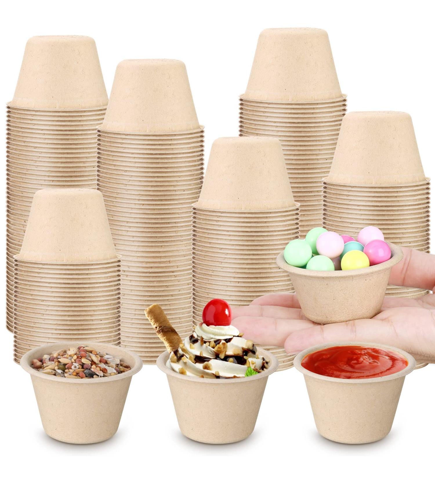 Romooa 2 oz Bagasse Fiber Souffle Cups - 300 Count | Disposable Mini Paper Condiment Bowls for Snacks, Desserts & Sauces - Beige - Buy Online on GoSupps.com